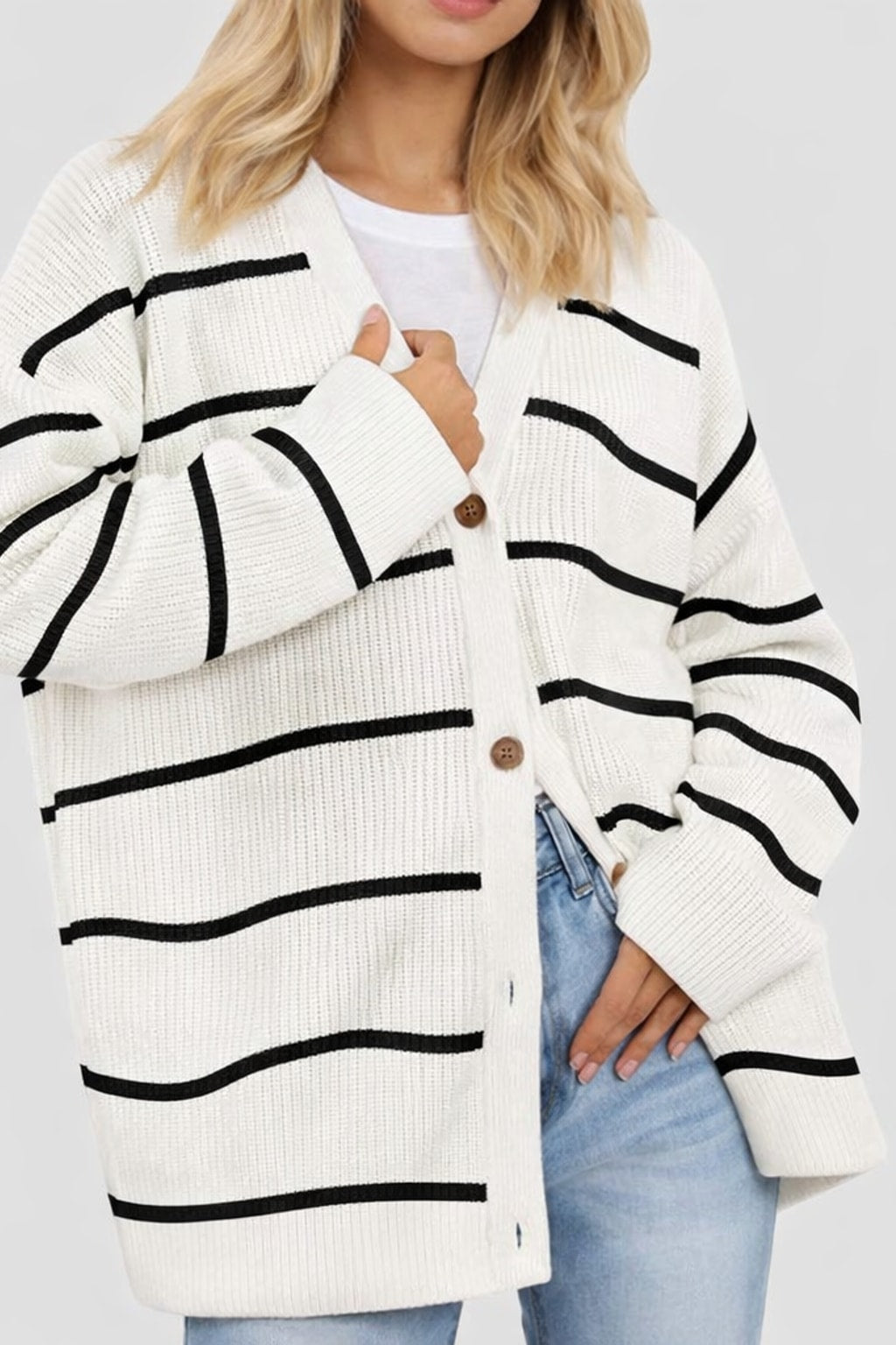 Striped Knit Cardigan With Button-Front Closure - 3