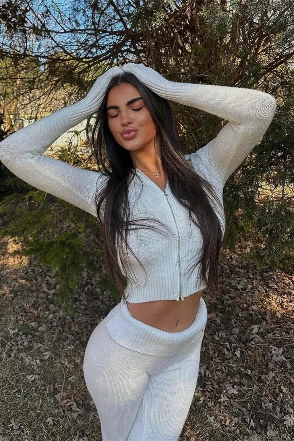 Ribbed Zip-Front Cropped Lounge Set - 2