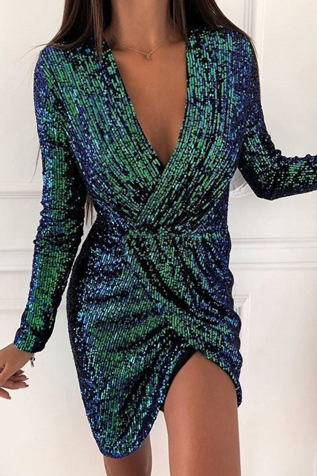 Sequin Wrap Mini Dress With Long Sleeves - 2