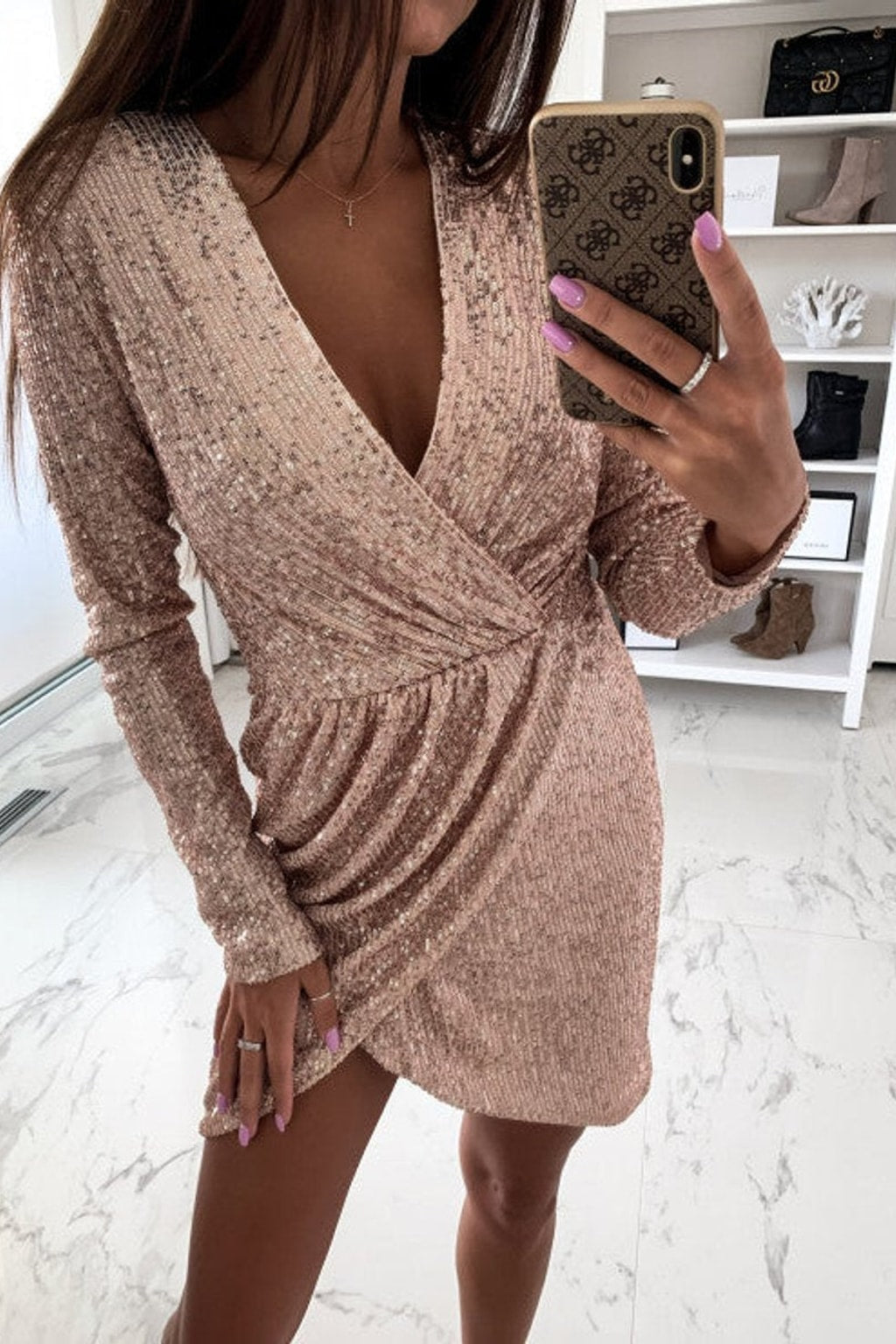 Sequin Wrap Mini Dress With Long Sleeves - 6