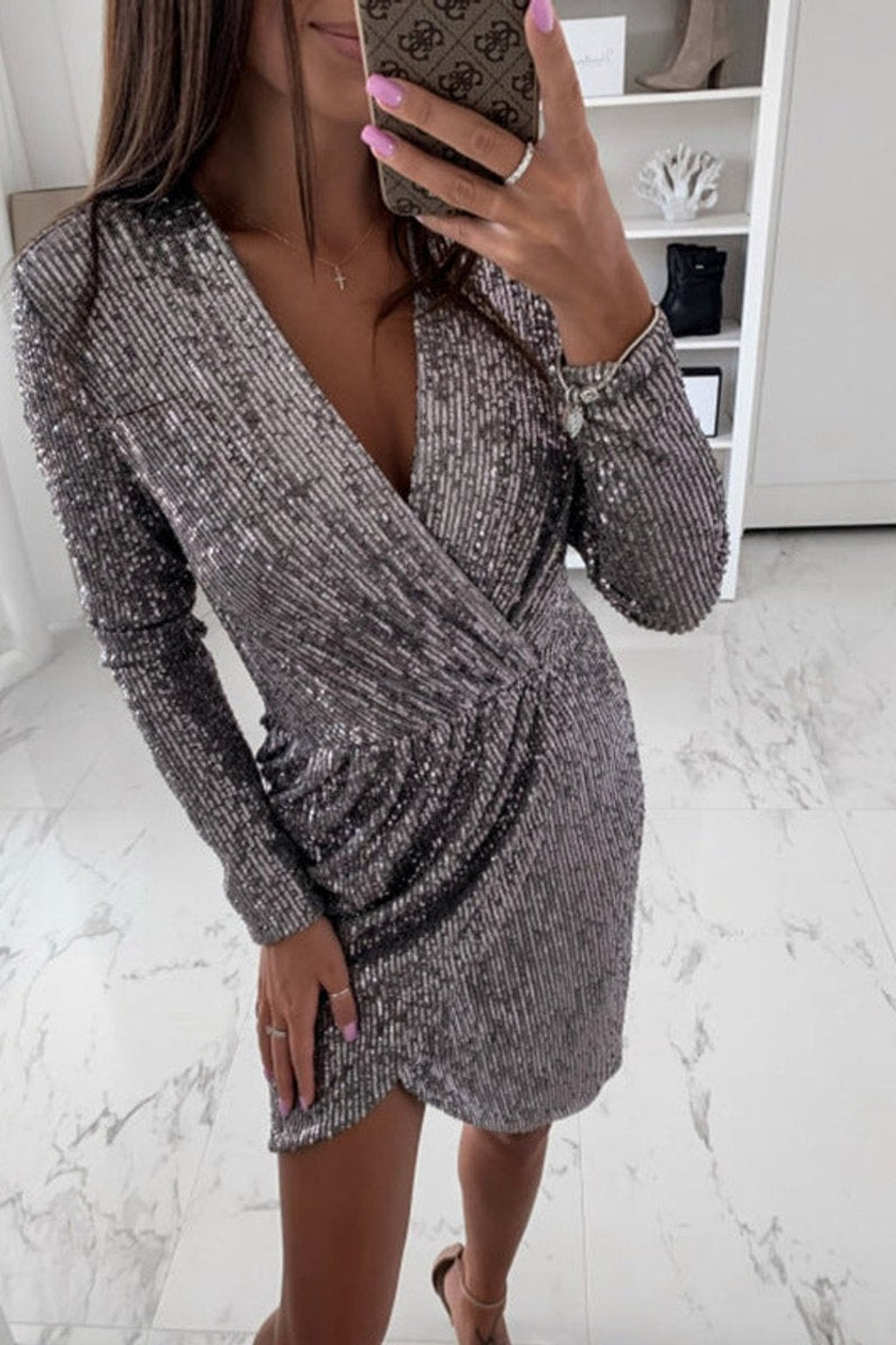 Sequin Wrap Mini Dress With Long Sleeves - 8