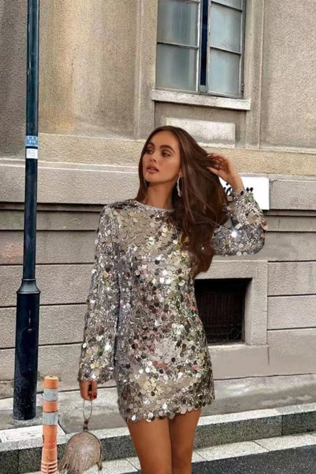 Silver Sequin Mini Dress with Trumpet Sleeves - 3