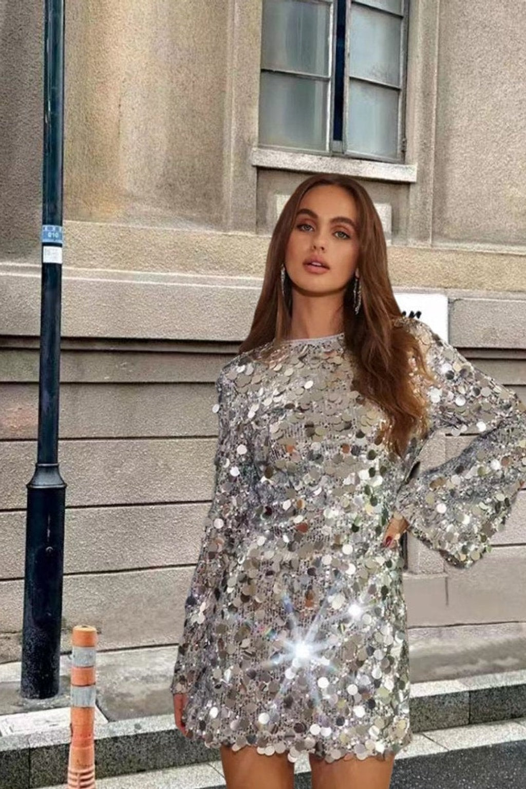 Silver Sequin Mini Dress with Trumpet Sleeves - 5