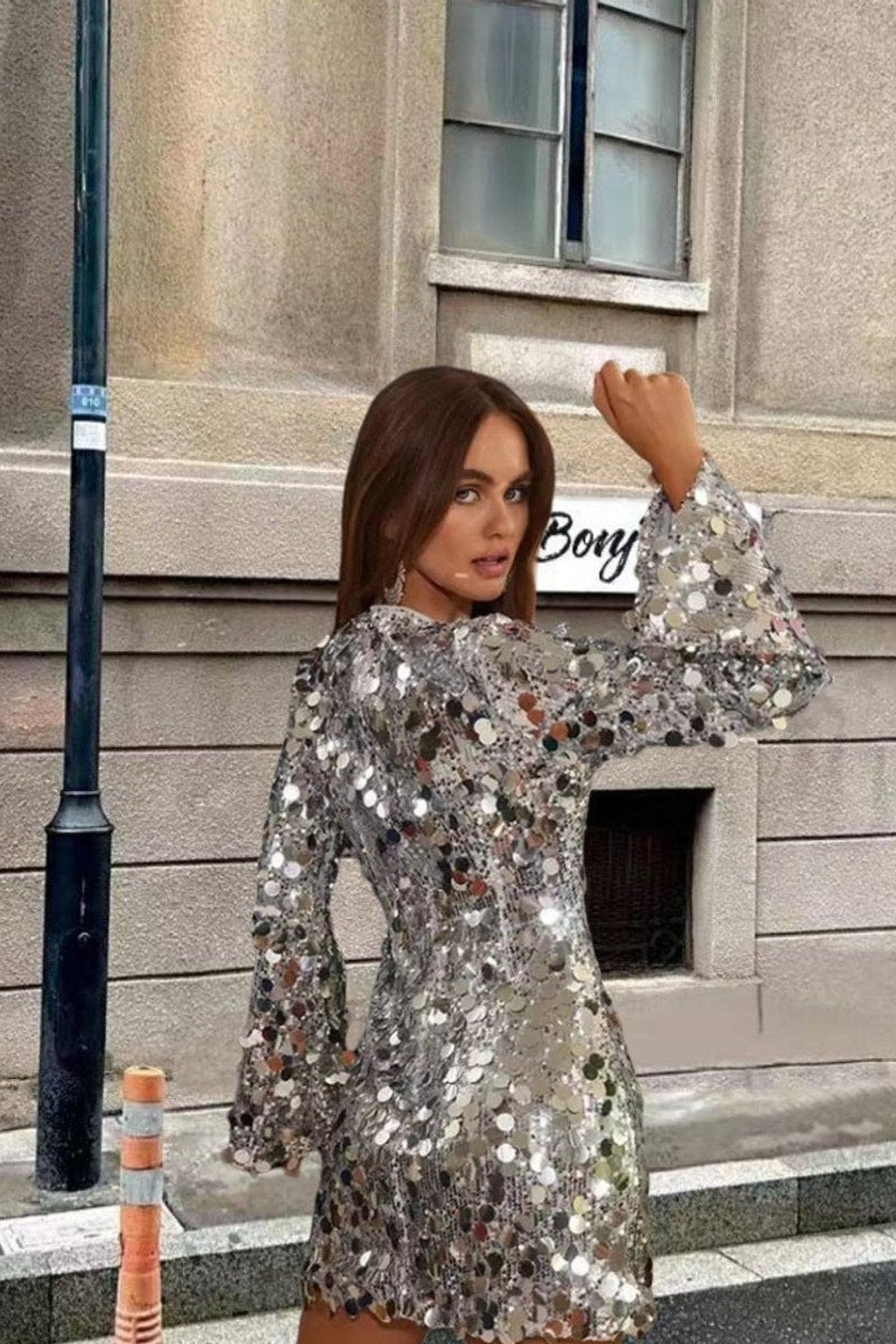 Silver Sequin Mini Dress with Trumpet Sleeves - 4