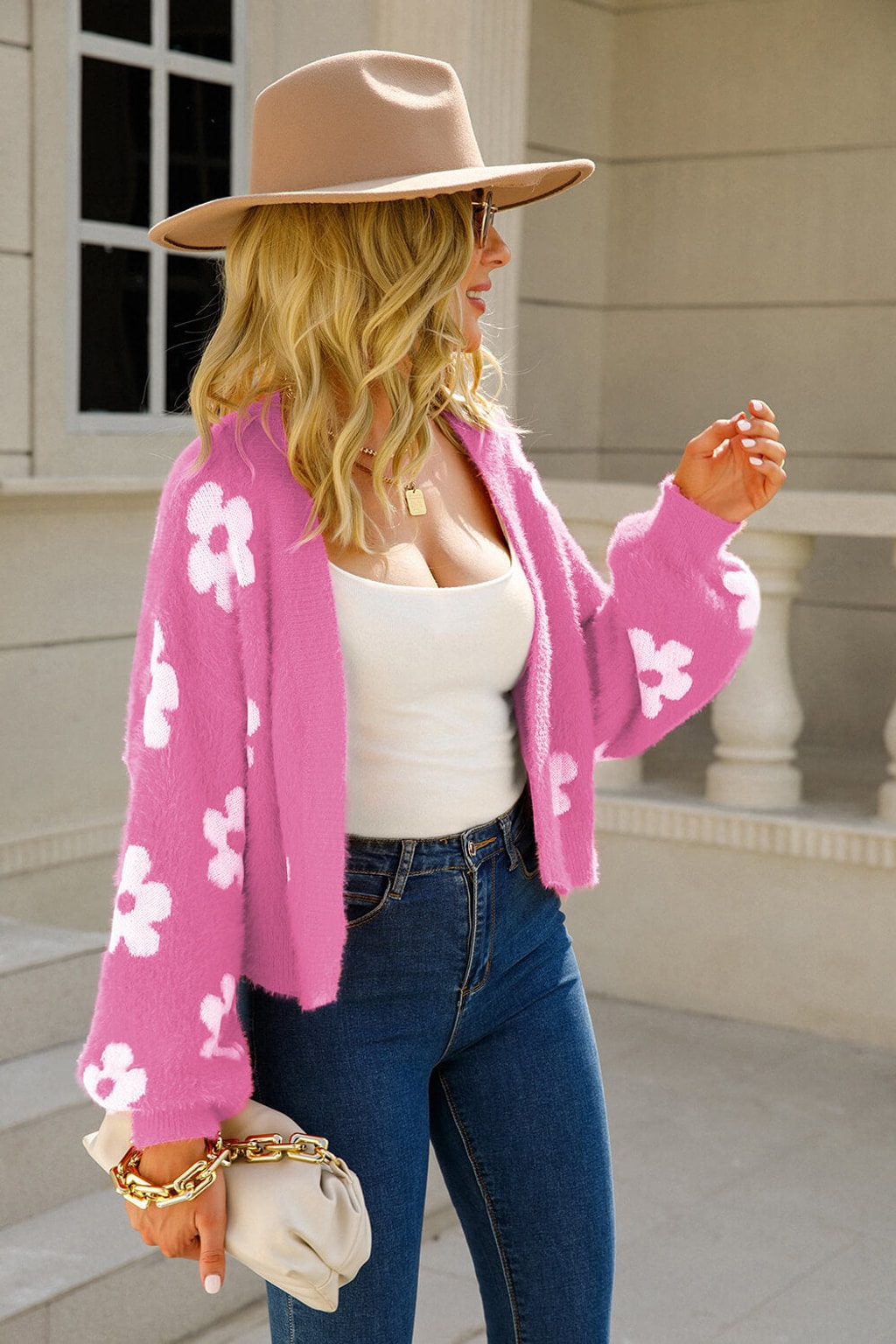 Fuzzy Longline Cardigan with Floral Pattern - 5
