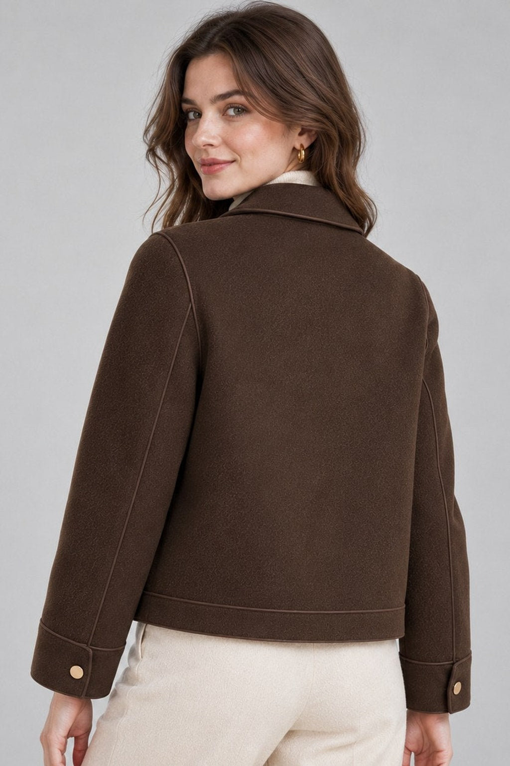 Brushed Cropped Jacket With Collared Button Front - 2
