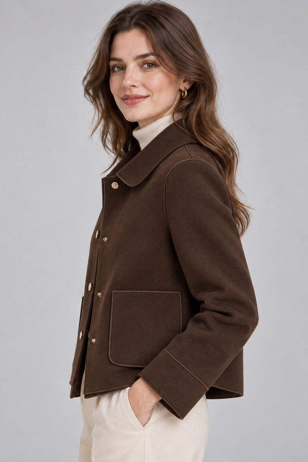 Brushed Cropped Jacket With Collared Button Front - 3