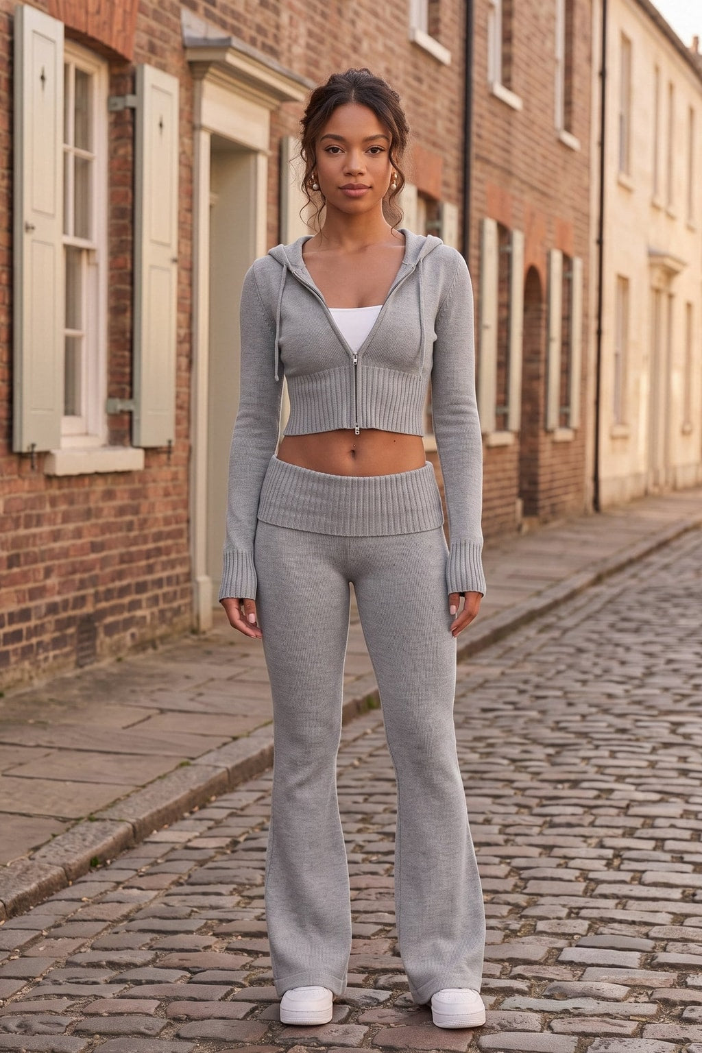 Knit Two-Piece Flare Pants Set With Hood - 7