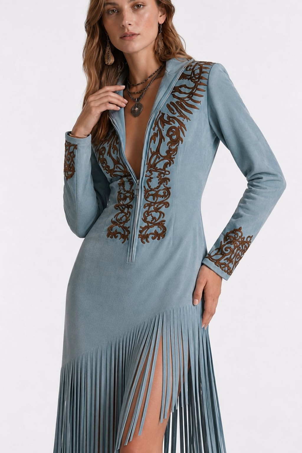 Suede Long Maxi Dress with Western Embroidery and Fringe - 3