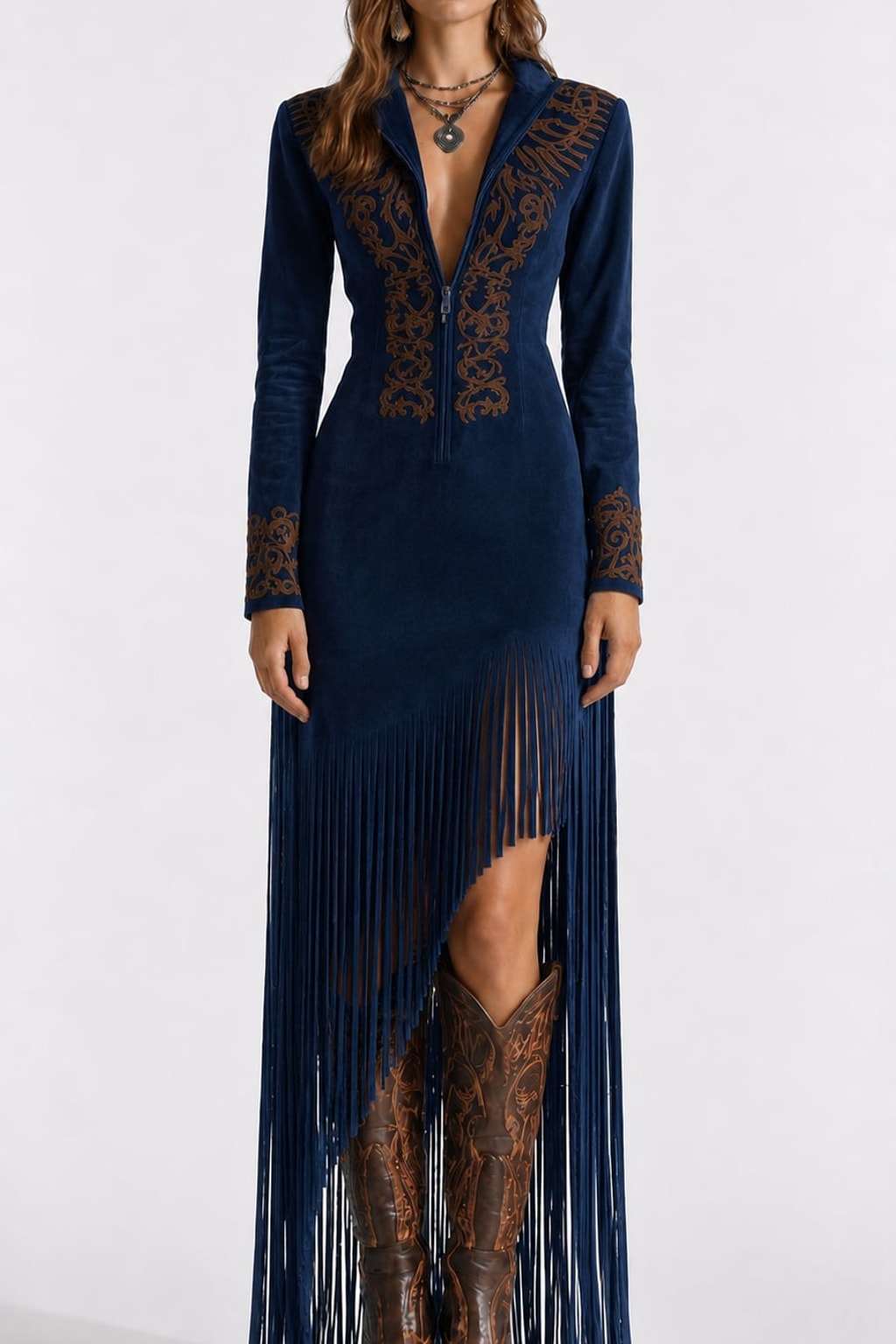 Suede Long Maxi Dress with Western Embroidery and Fringe - 4