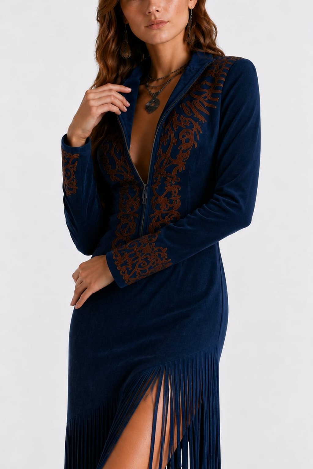 Suede Long Maxi Dress with Western Embroidery and Fringe - 5