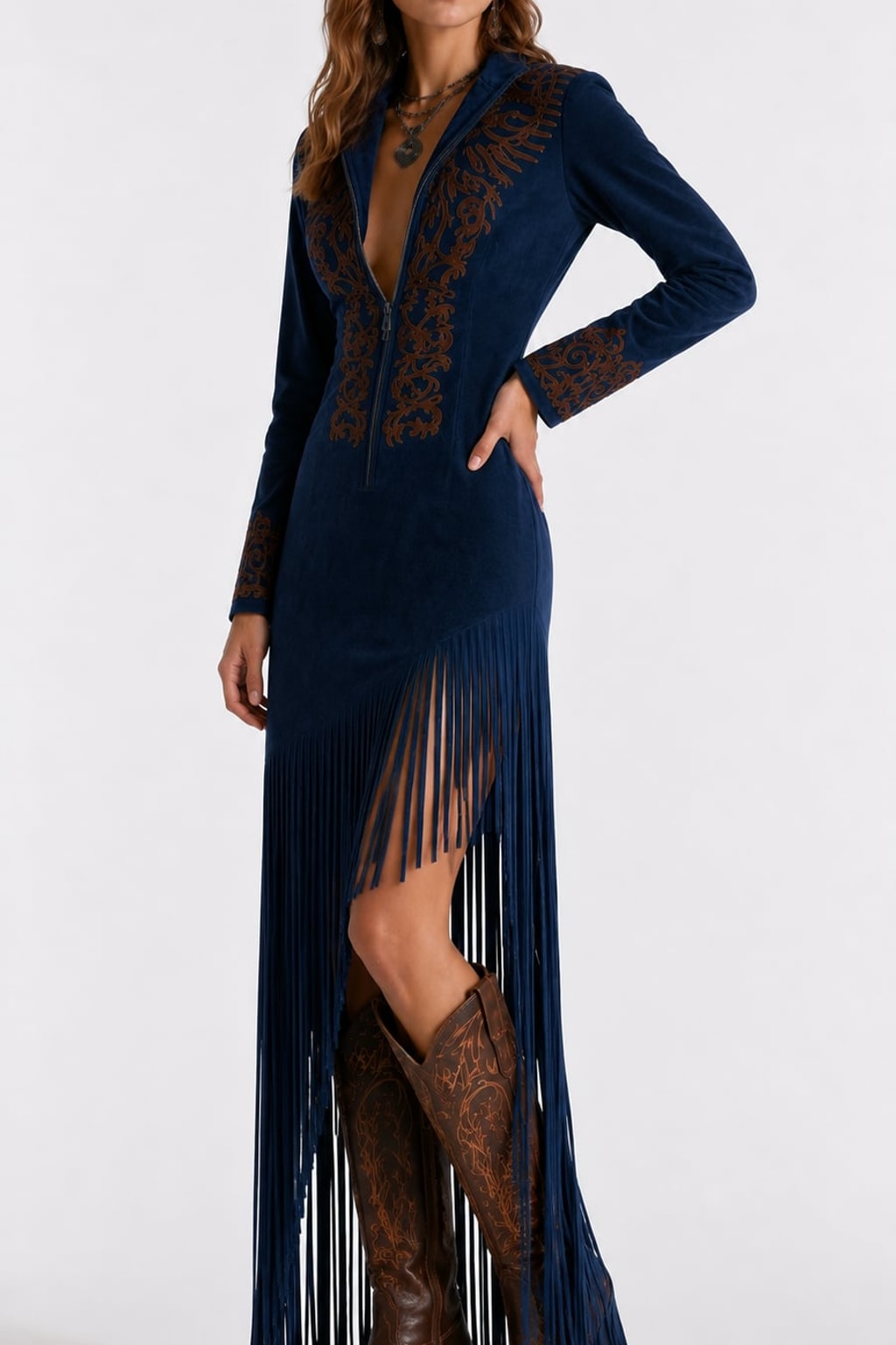 Suede Long Maxi Dress with Western Embroidery and Fringe - 6
