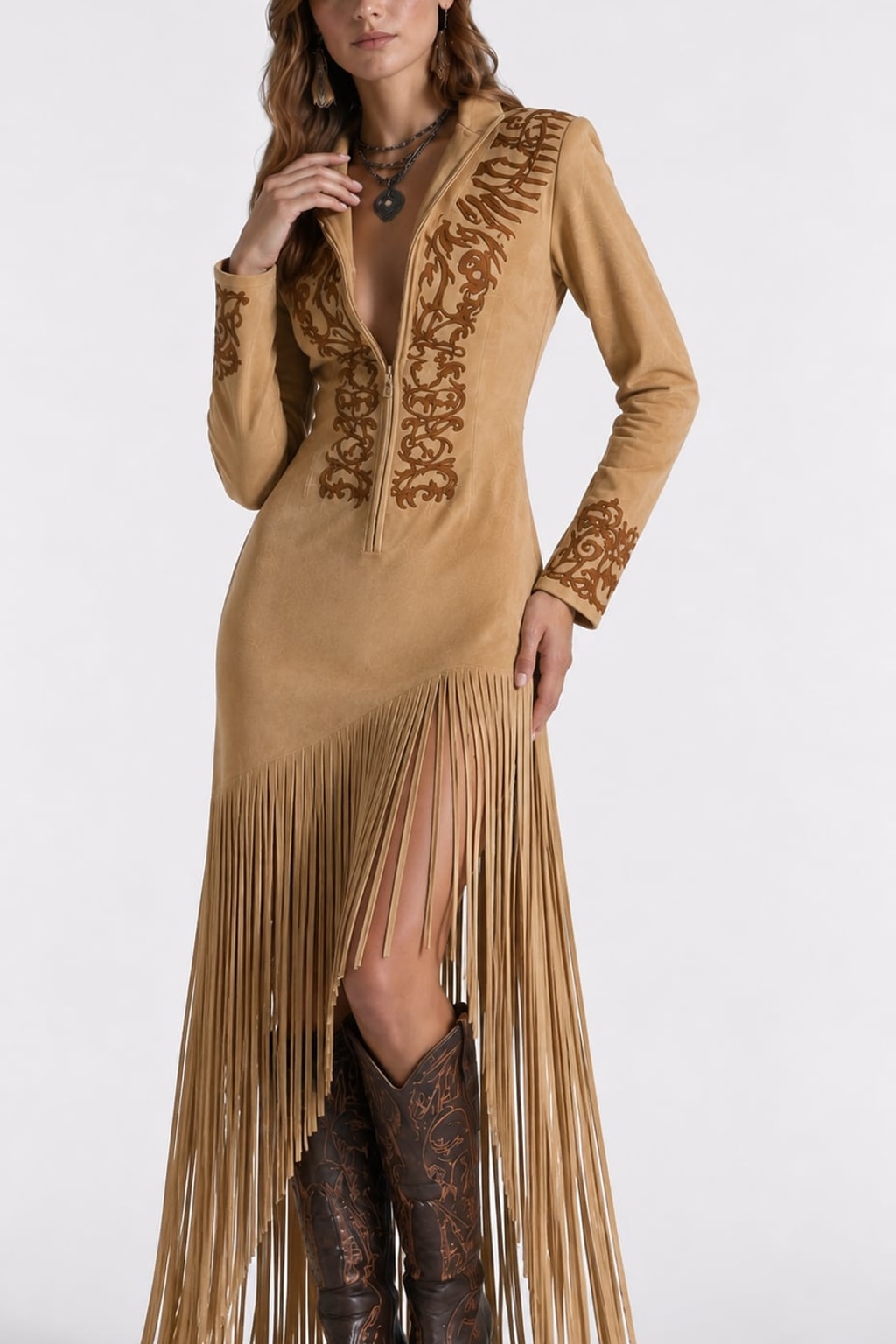 Suede Long Maxi Dress with Western Embroidery and Fringe - 7