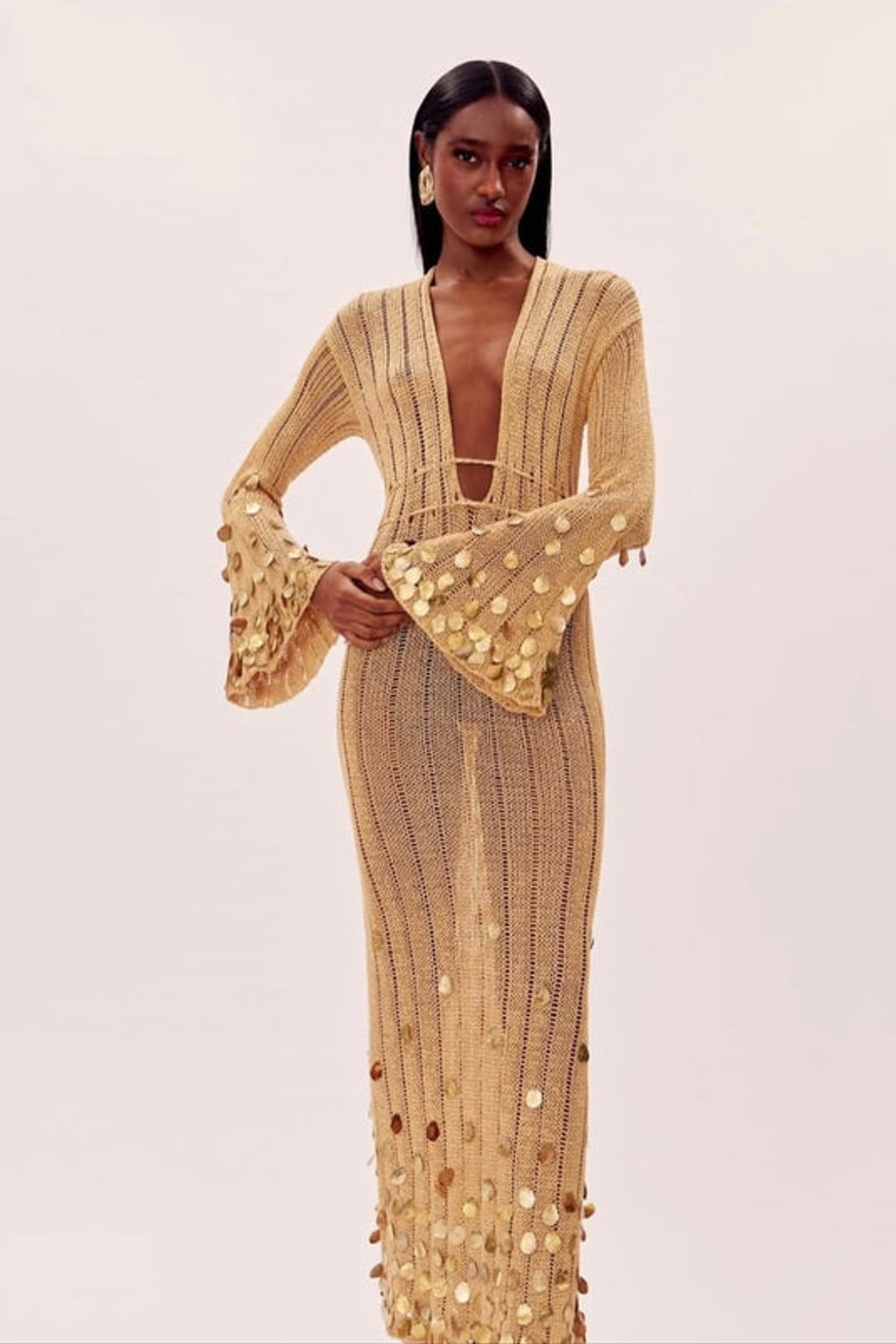 Viscose Knit Maxi Dress With Bell Sleeves - 5