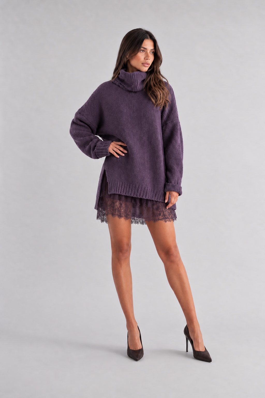Knit Sweater Dress Set With Lace Trim - 9