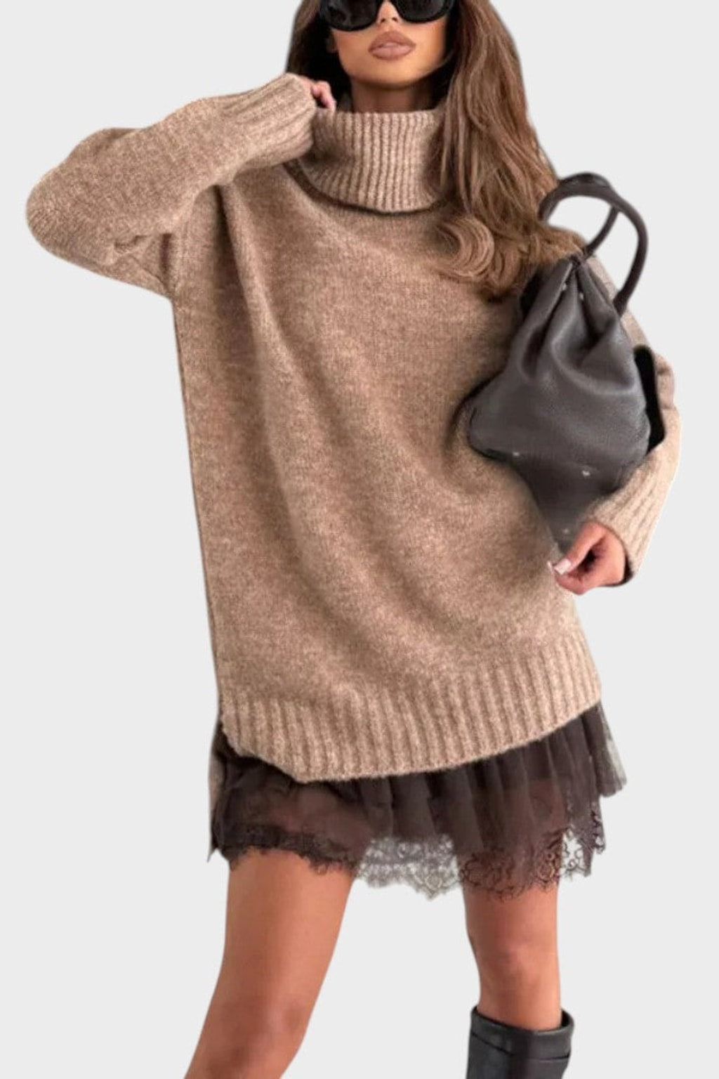 Knit Sweater Dress Set With Lace Trim - 7