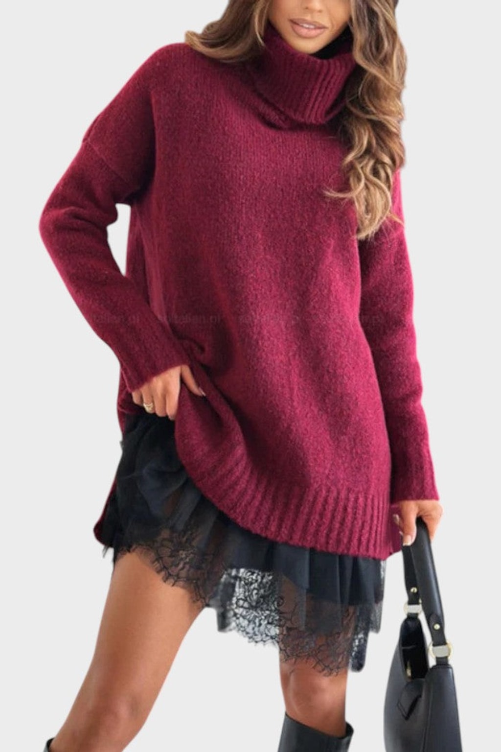Knit Sweater Dress Set With Lace Trim - 17