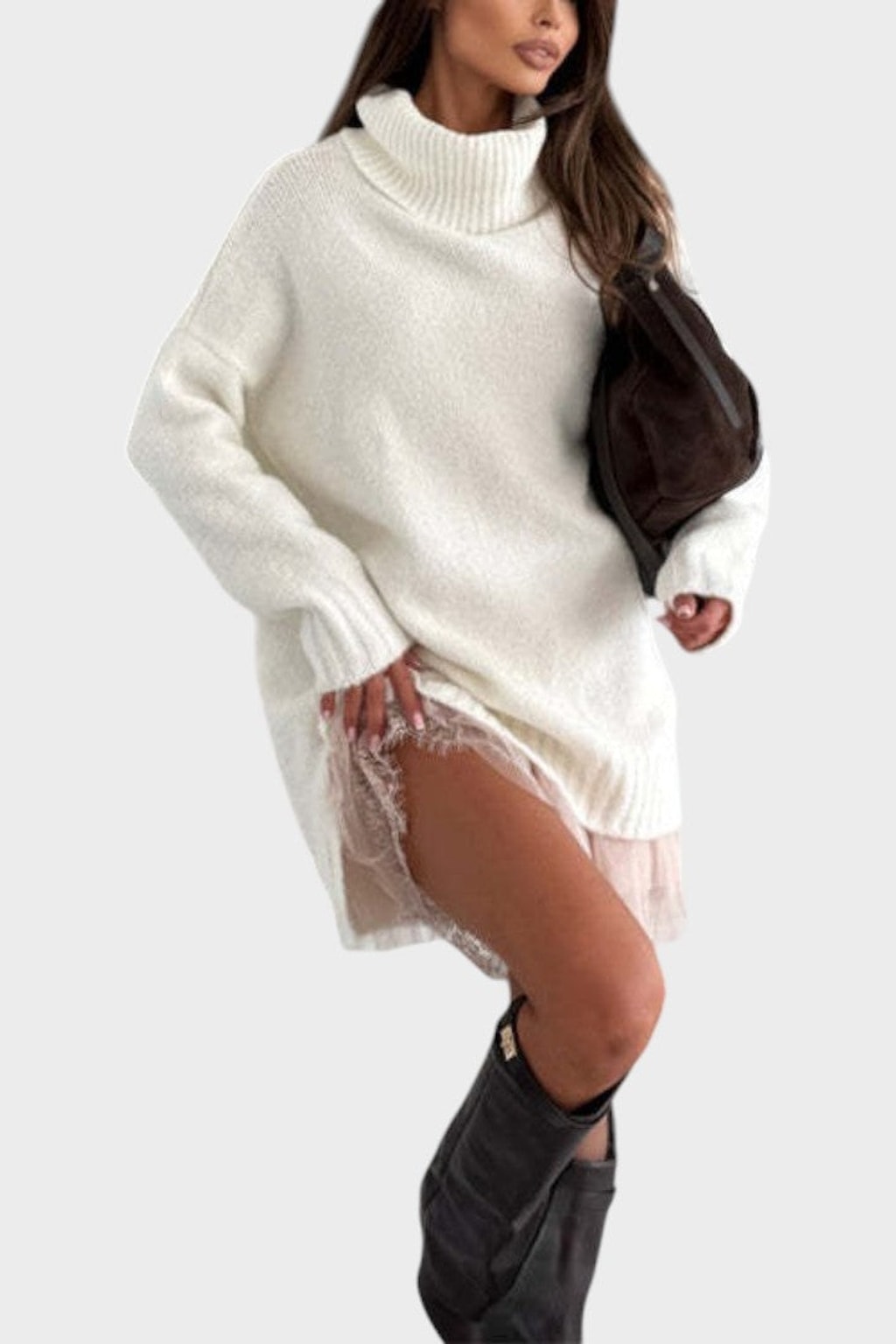Knit Sweater Dress Set With Lace Trim - 15
