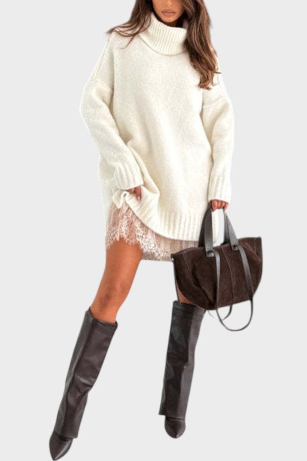 Knit Sweater Dress Set With Lace Trim - 16