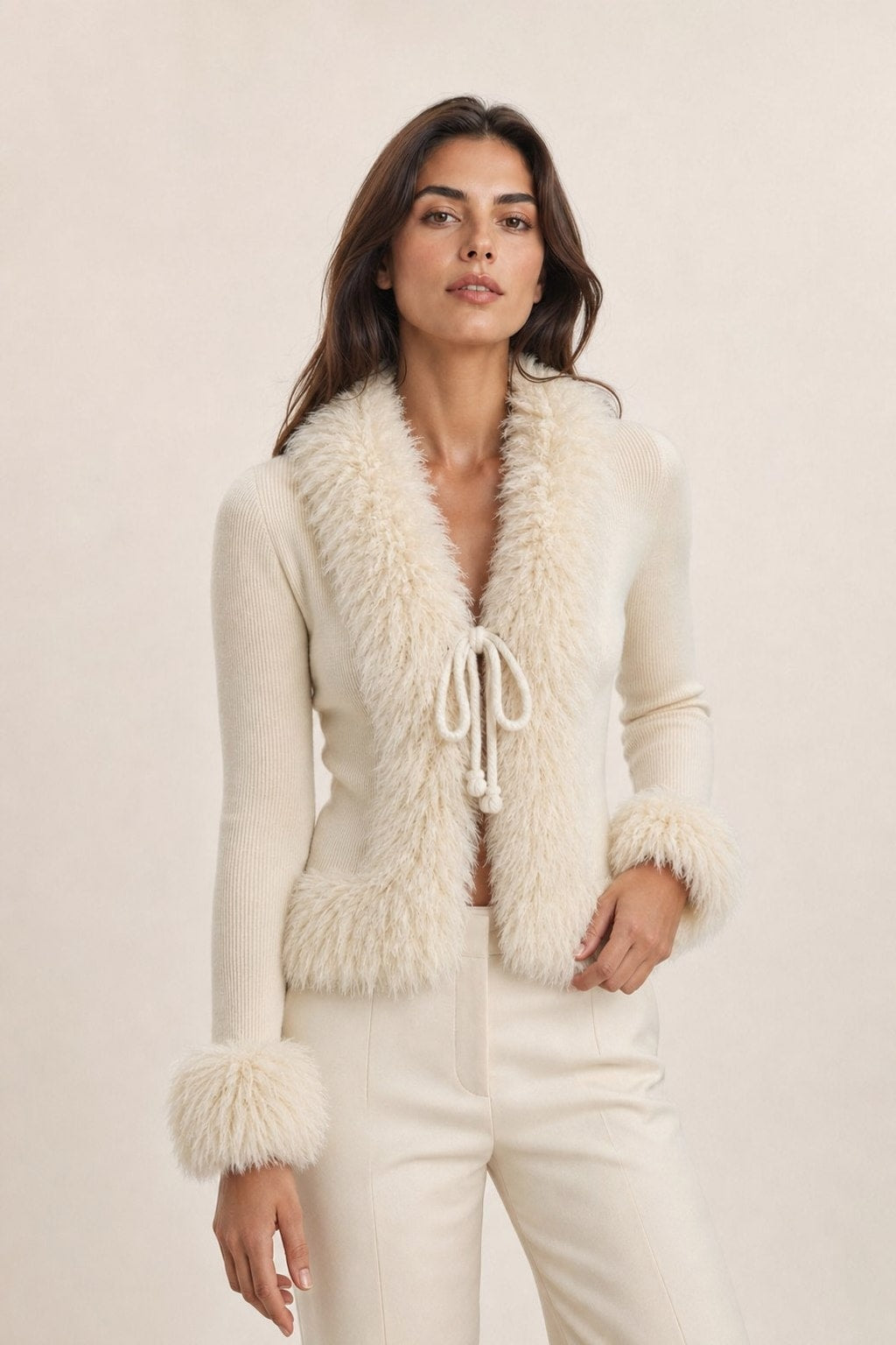 Cotton Ribbed Knit Top with Faux Fur Trim and Tie Front - 2