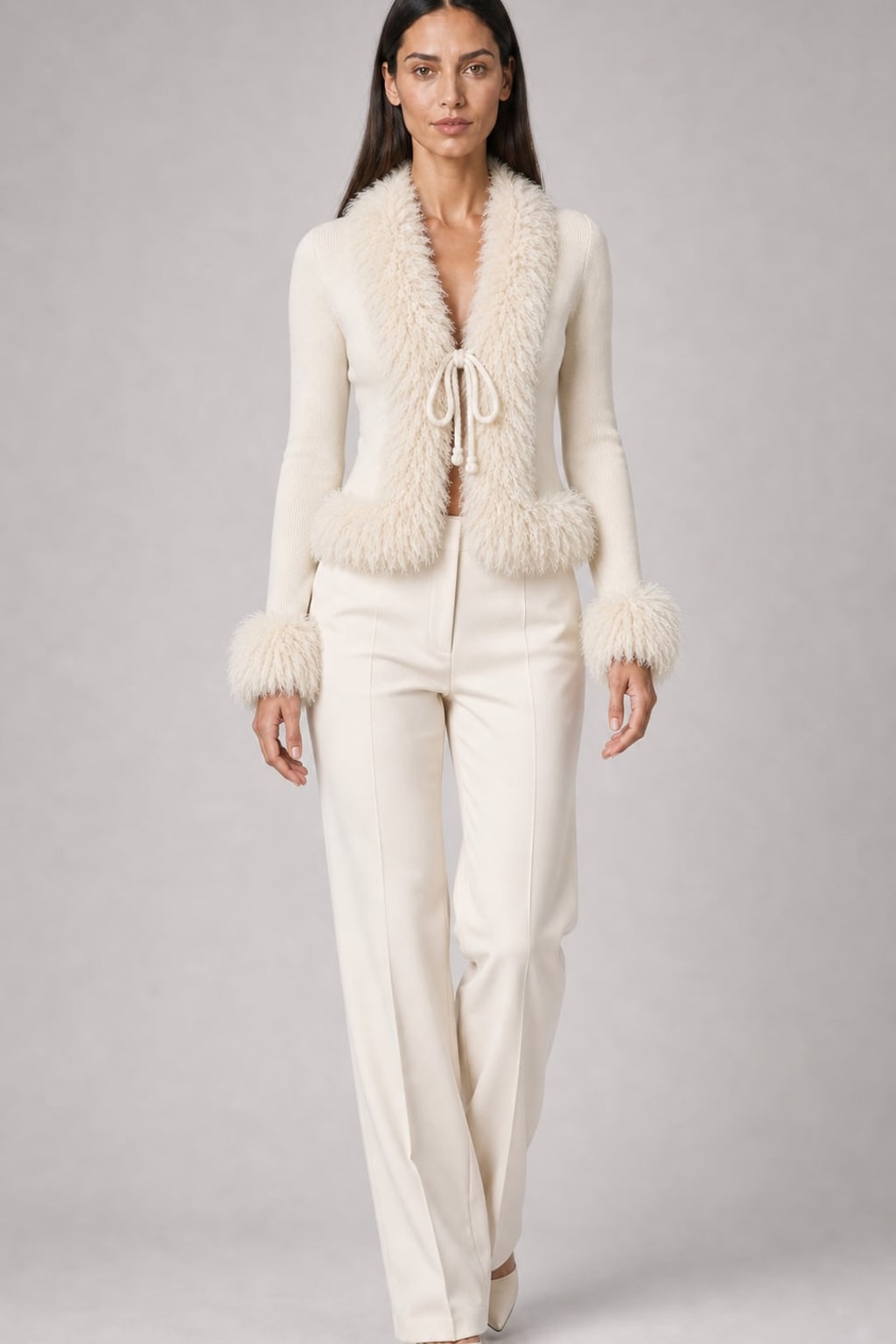 Cotton Ribbed Knit Top with Faux Fur Trim and Tie Front - 5