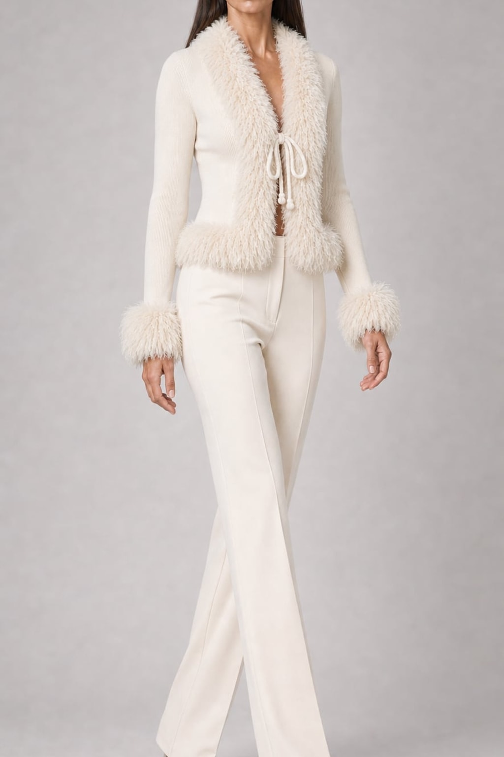 Cotton Ribbed Knit Top with Faux Fur Trim and Tie Front - 3