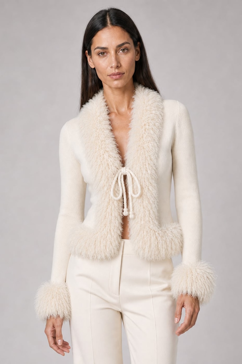 Cotton Ribbed Knit Top with Faux Fur Trim and Tie Front - 4