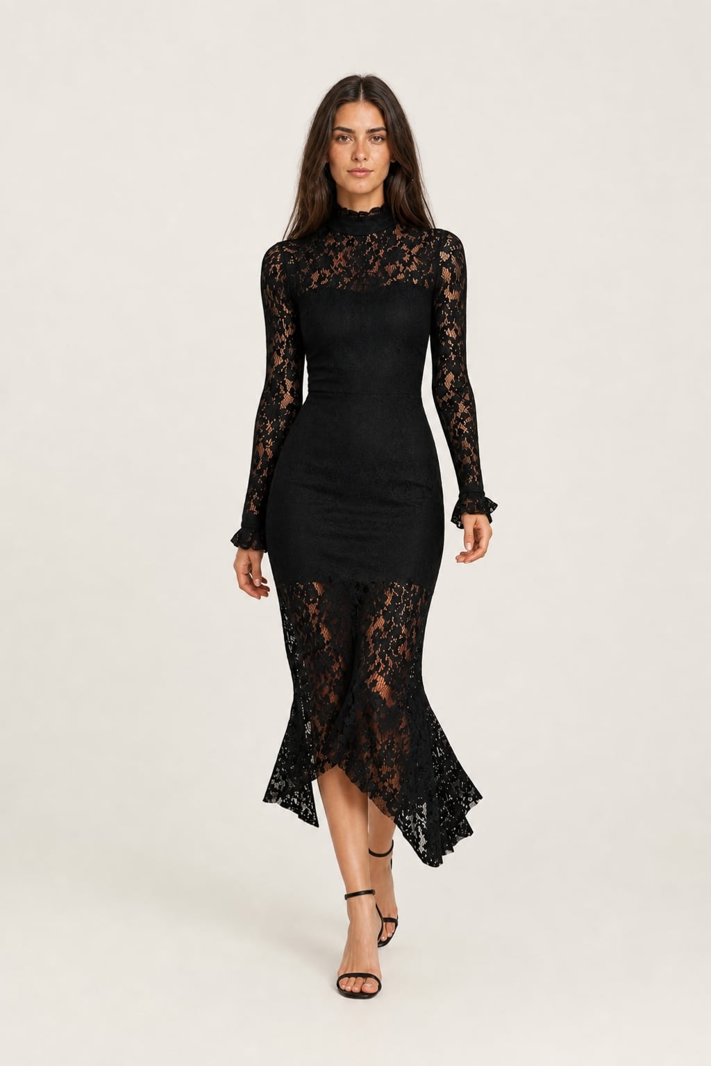 Midi Dress with High Neck and Lace Details - 7