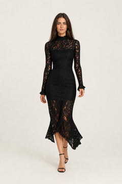 Midi Dress with High Neck and Lace Details - 7
