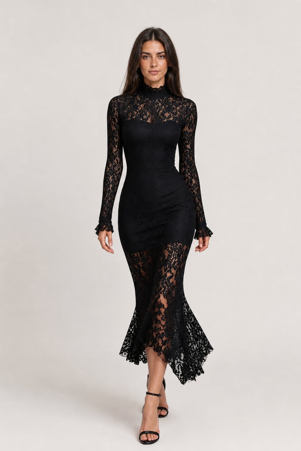 Midi Dress with High Neck and Lace Details - 2