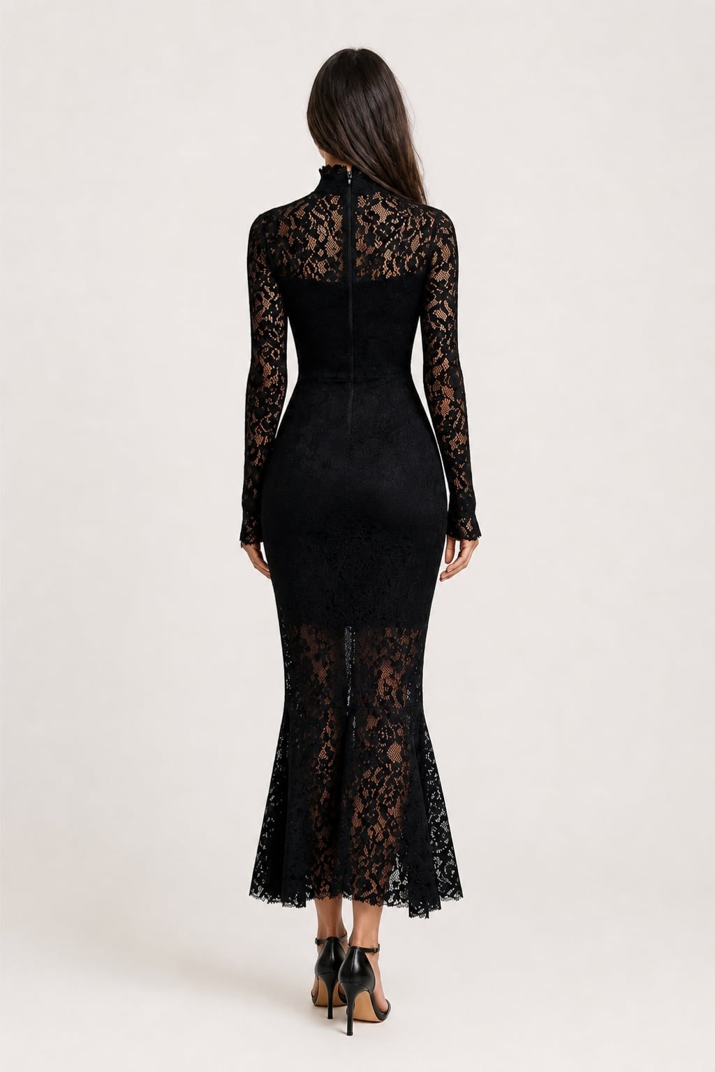 Midi Dress with High Neck and Lace Details - 3