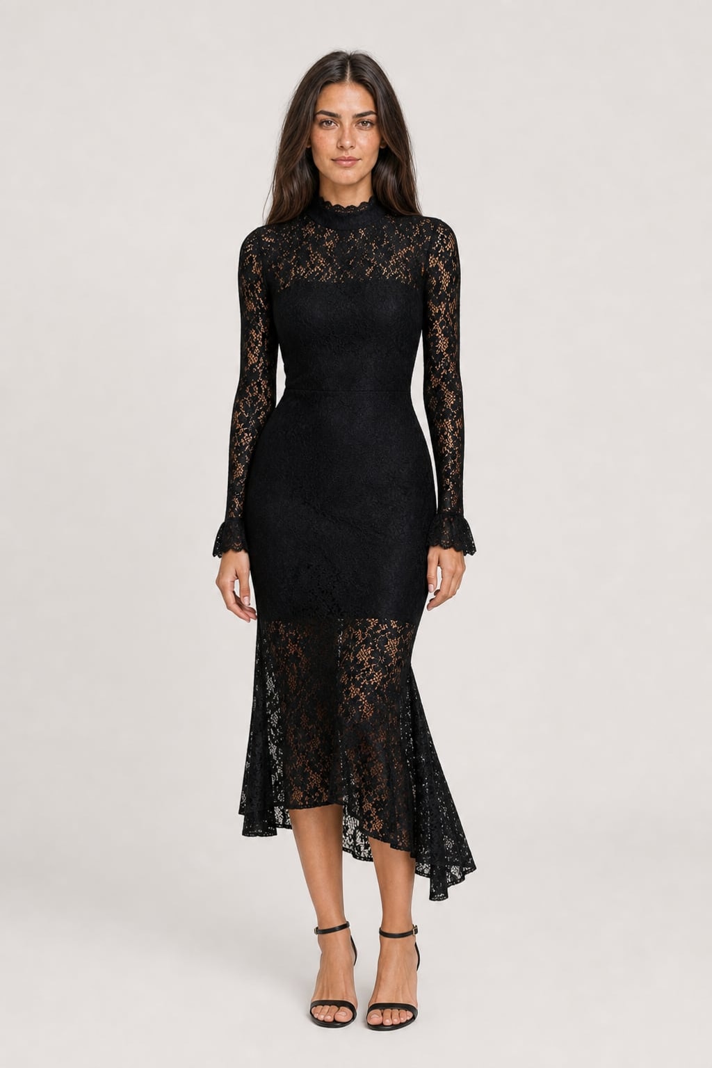 Midi Dress with High Neck and Lace Details - 6