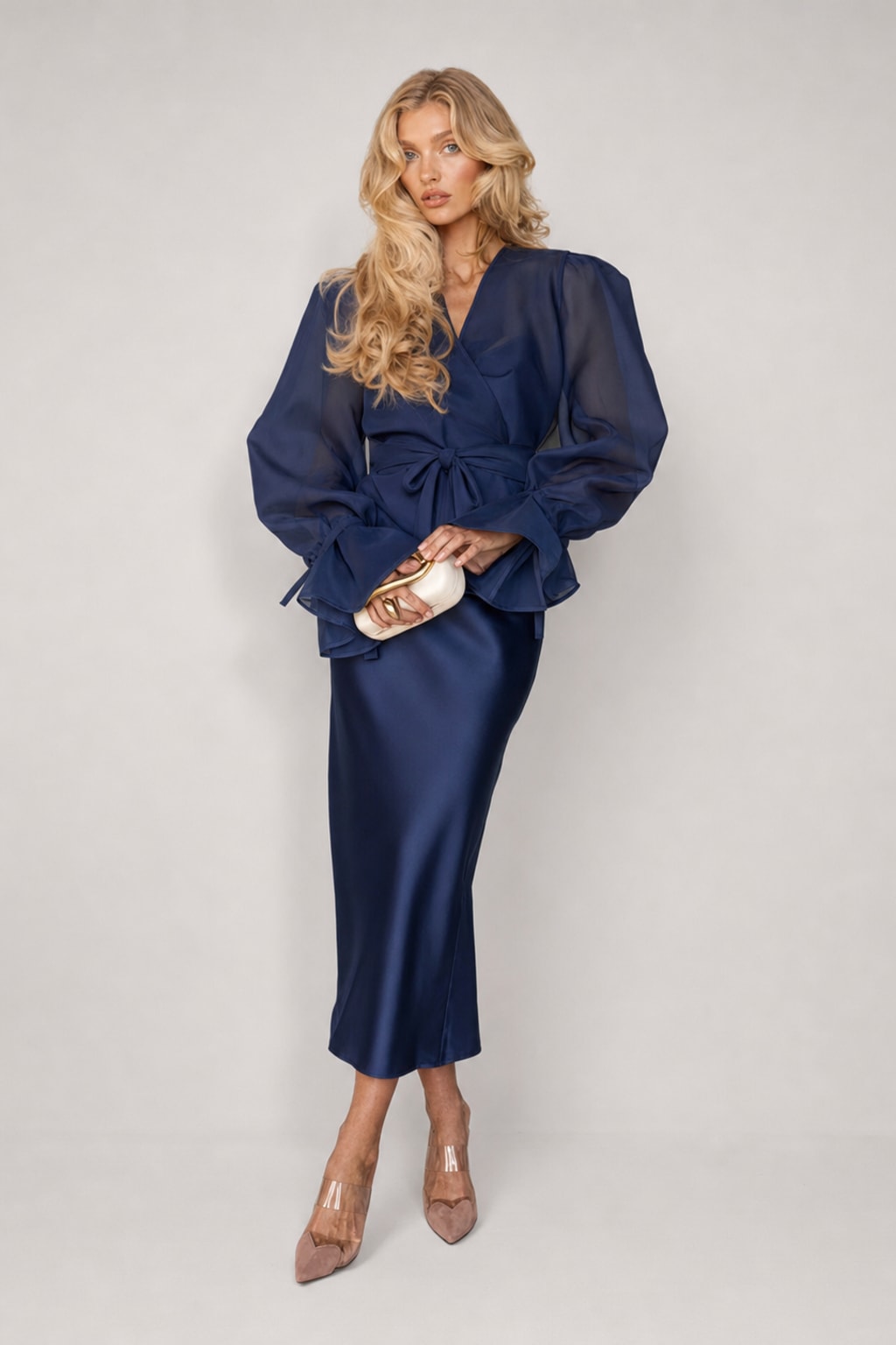 Satin Dress Set With Sheer Peplum Wrap Top - 11