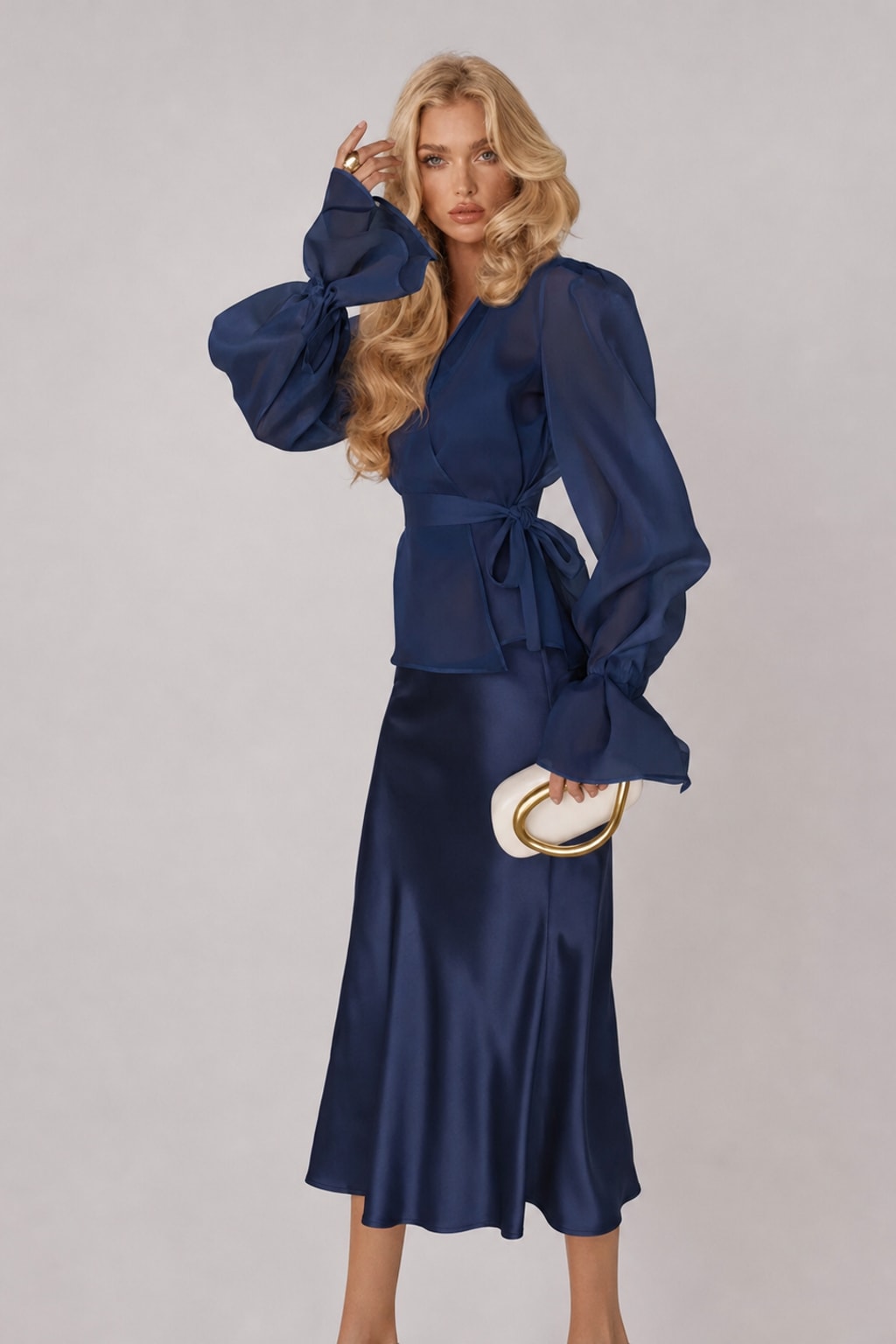 Satin Dress Set With Sheer Peplum Wrap Top - 12