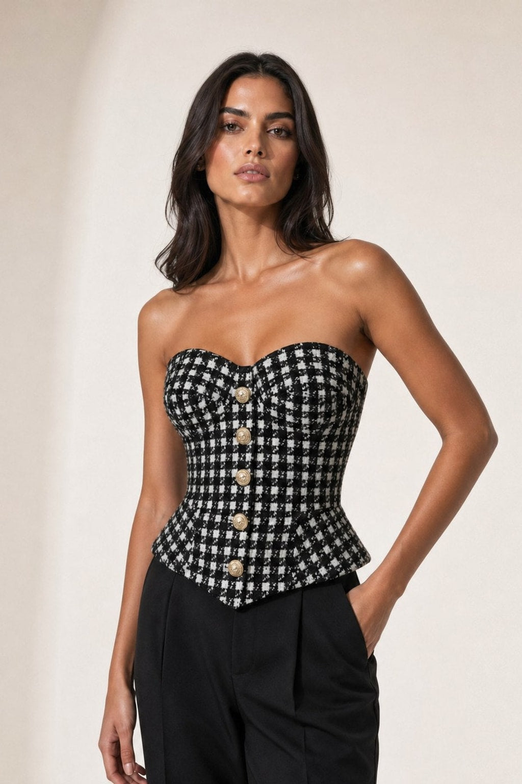 Cotton Blend Tweed Corset with Peplum Waist - 4