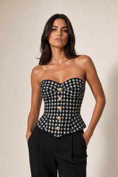 Cotton Blend Tweed Corset with Peplum Waist - 2