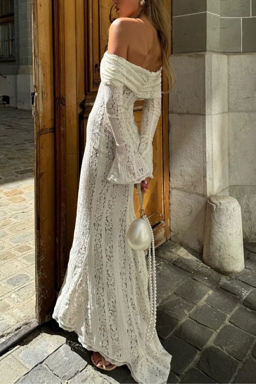Cotton Lace Maxi Dress with Off-Shoulder Flared Sleeves - 3