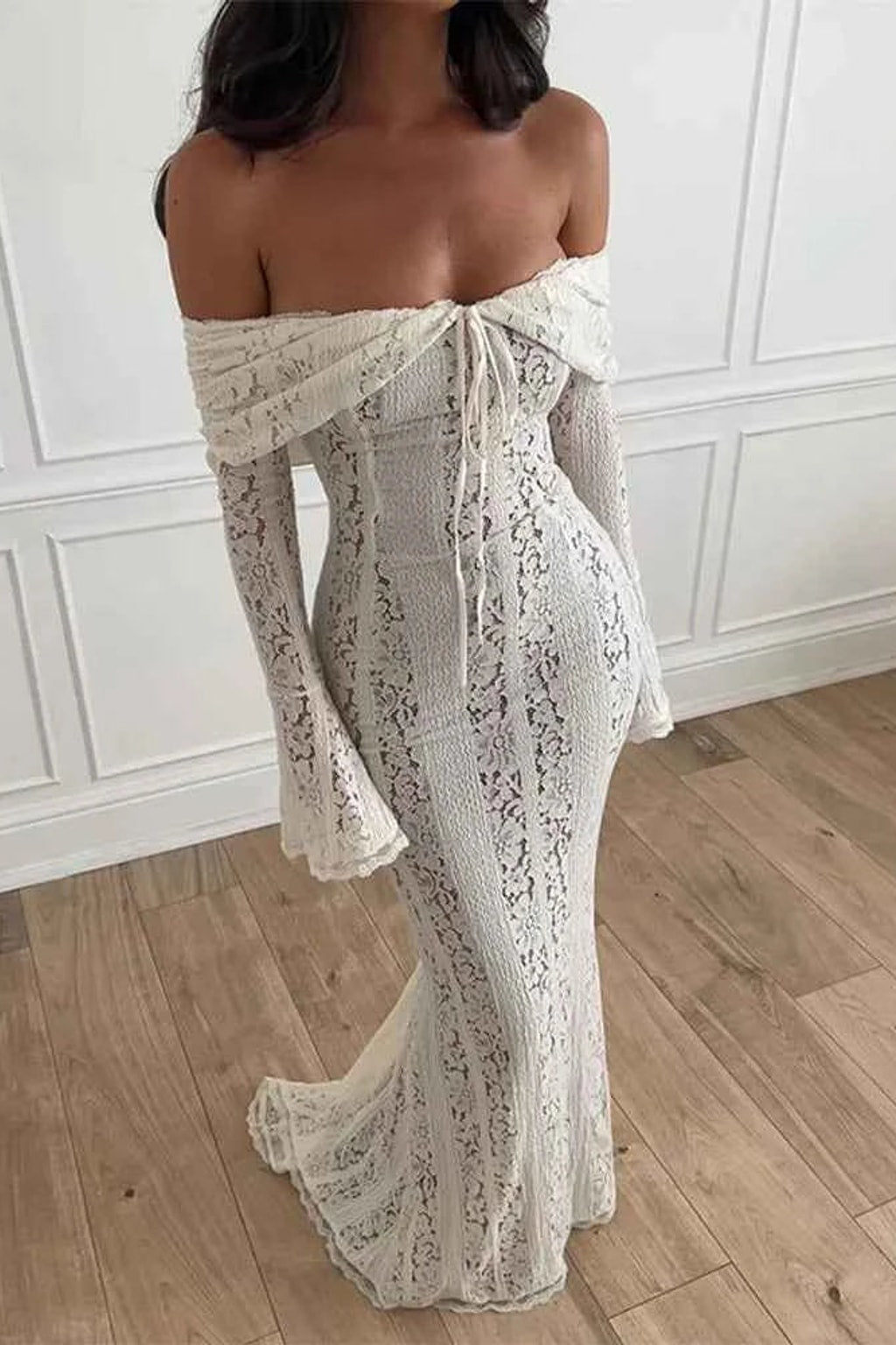 Cotton Lace Maxi Dress with Off-Shoulder Flared Sleeves - 6