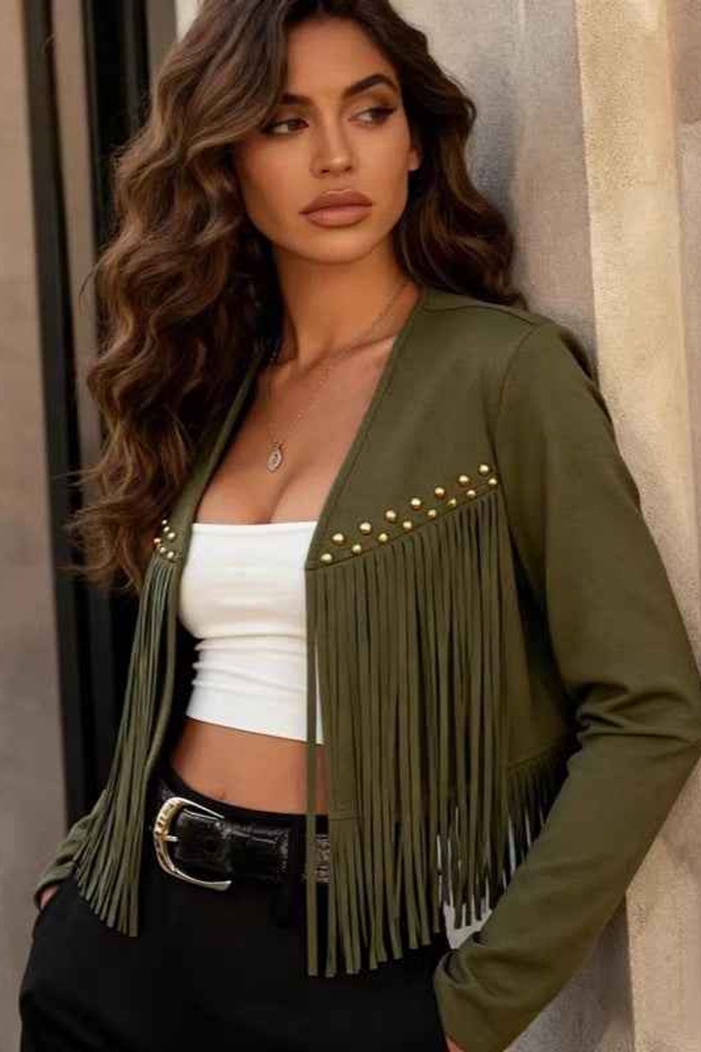 Synthetic Suede Crop Jacket with Fringe and Stud Detailing - 3