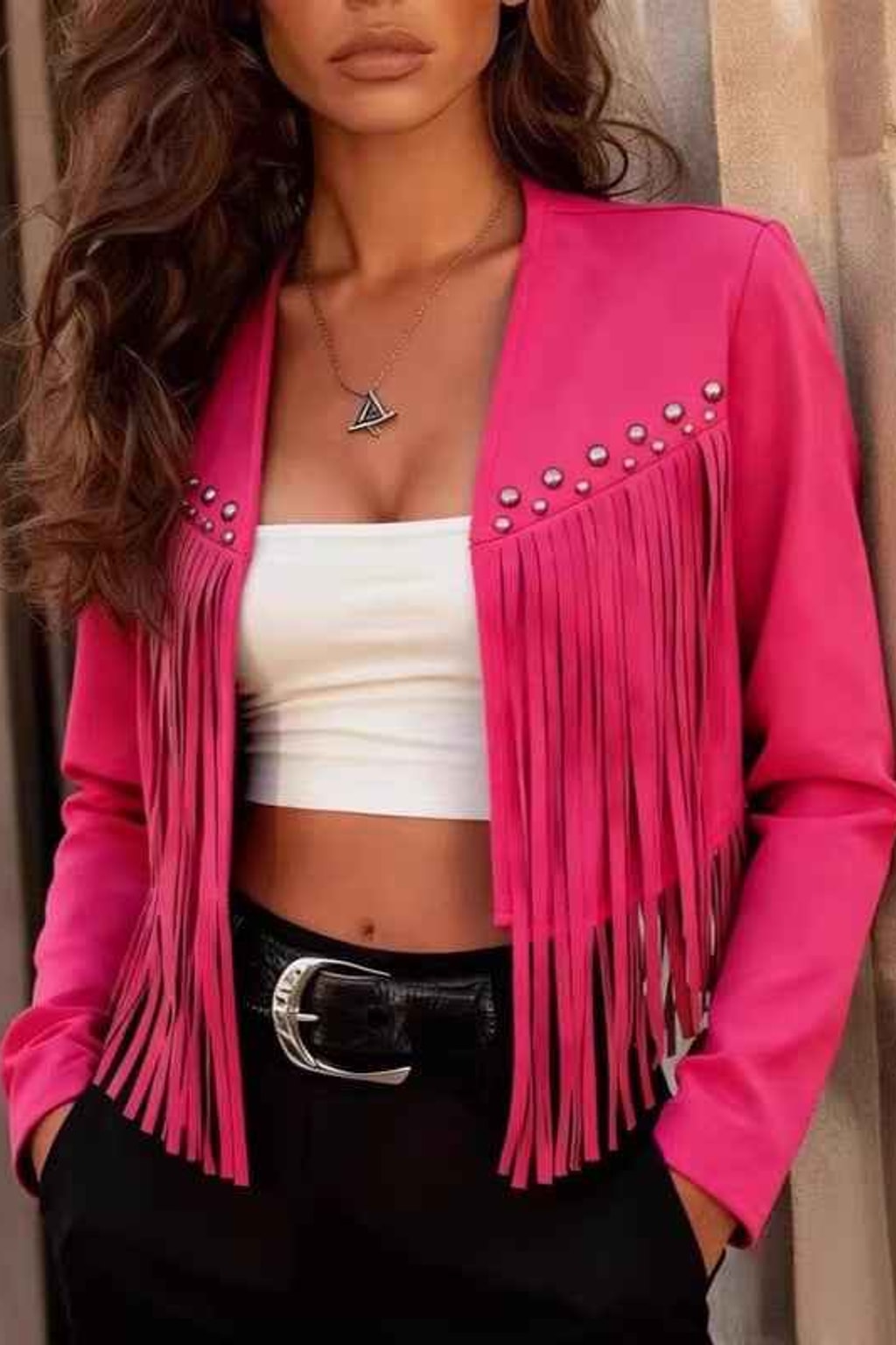 Synthetic Suede Crop Jacket with Fringe and Stud Detailing - 4