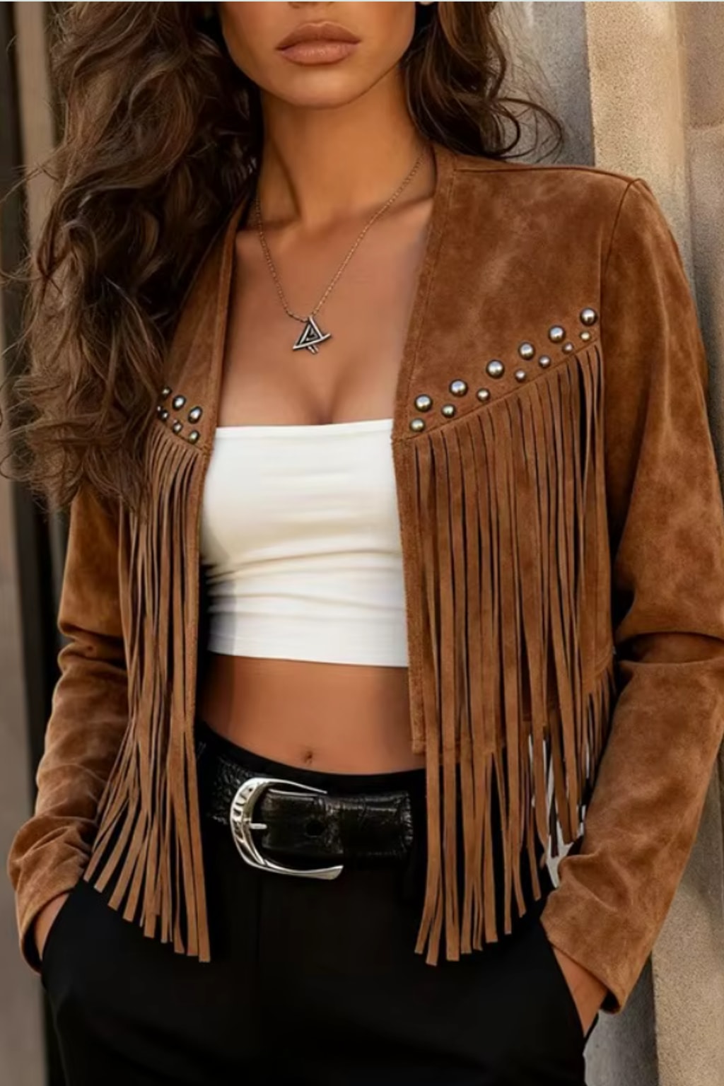 Synthetic Suede Crop Jacket with Fringe and Stud Detailing - 5