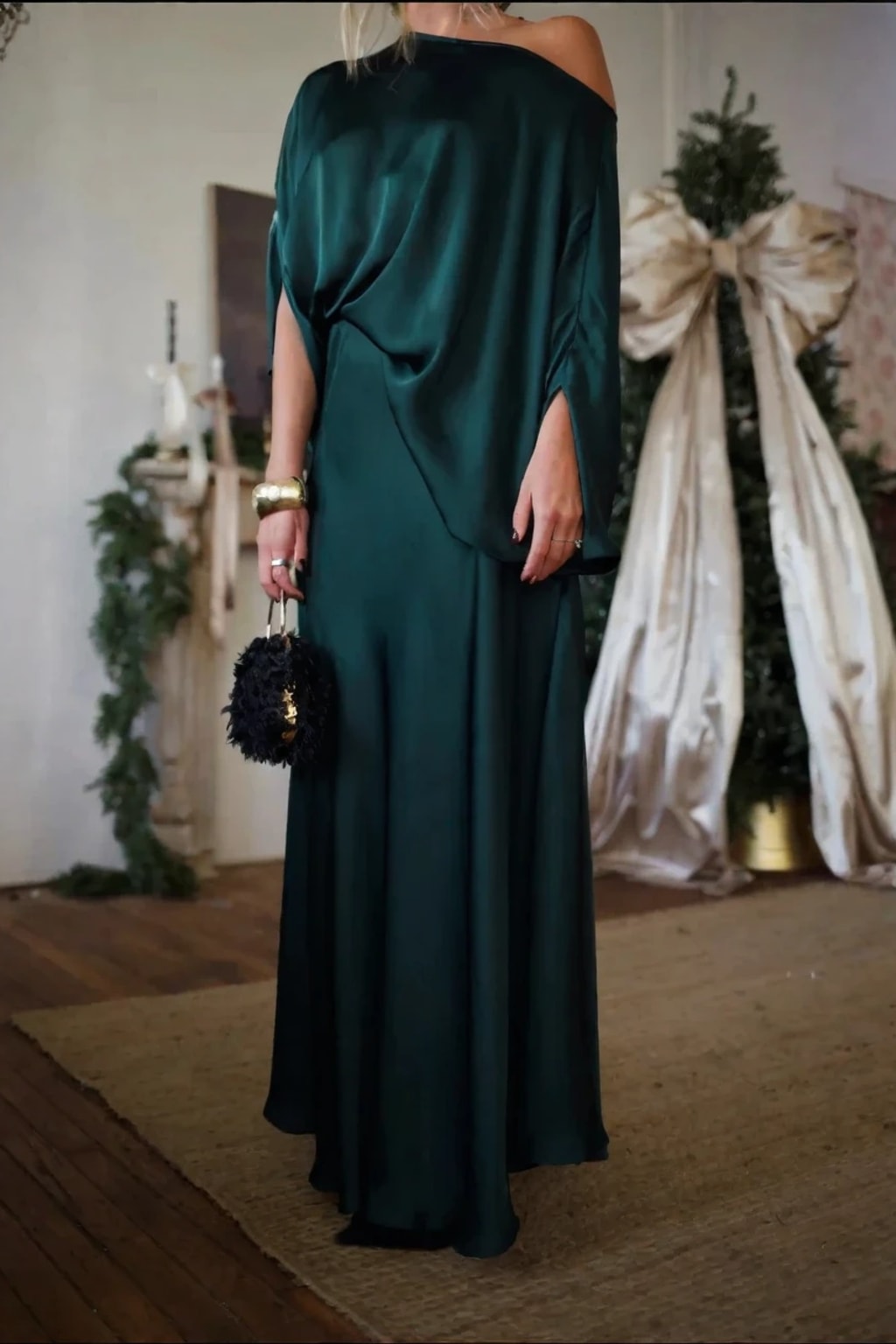 Satin Blouse and Long Skirt Set with Asymmetric Neckline - 2