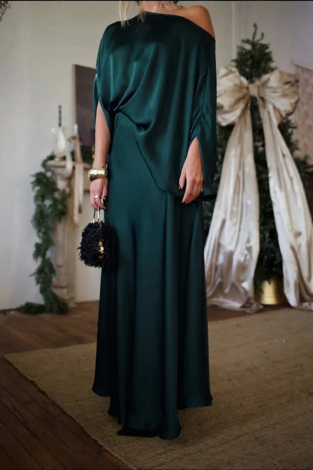 Satin Blouse and Long Skirt Set with Asymmetric Neckline - 6