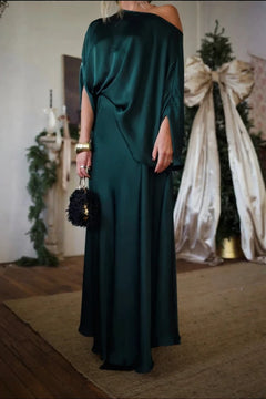 Satin Blouse and Long Skirt Set with Asymmetric Neckline - 6