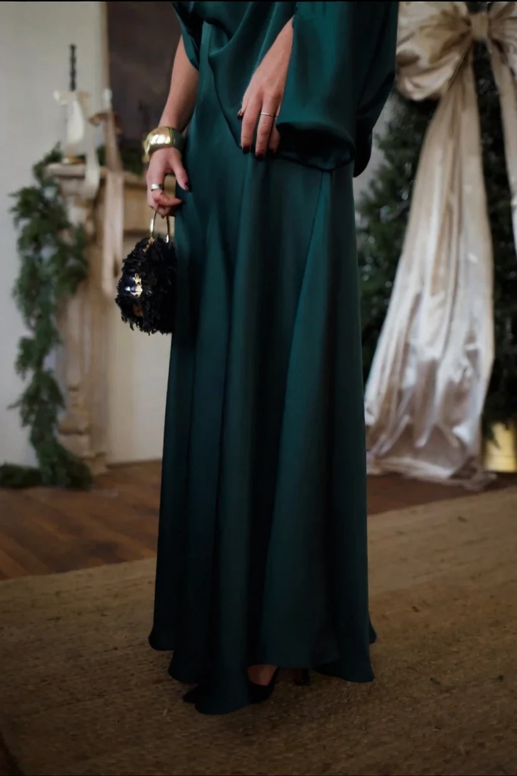 Satin Blouse and Long Skirt Set with Asymmetric Neckline - 3