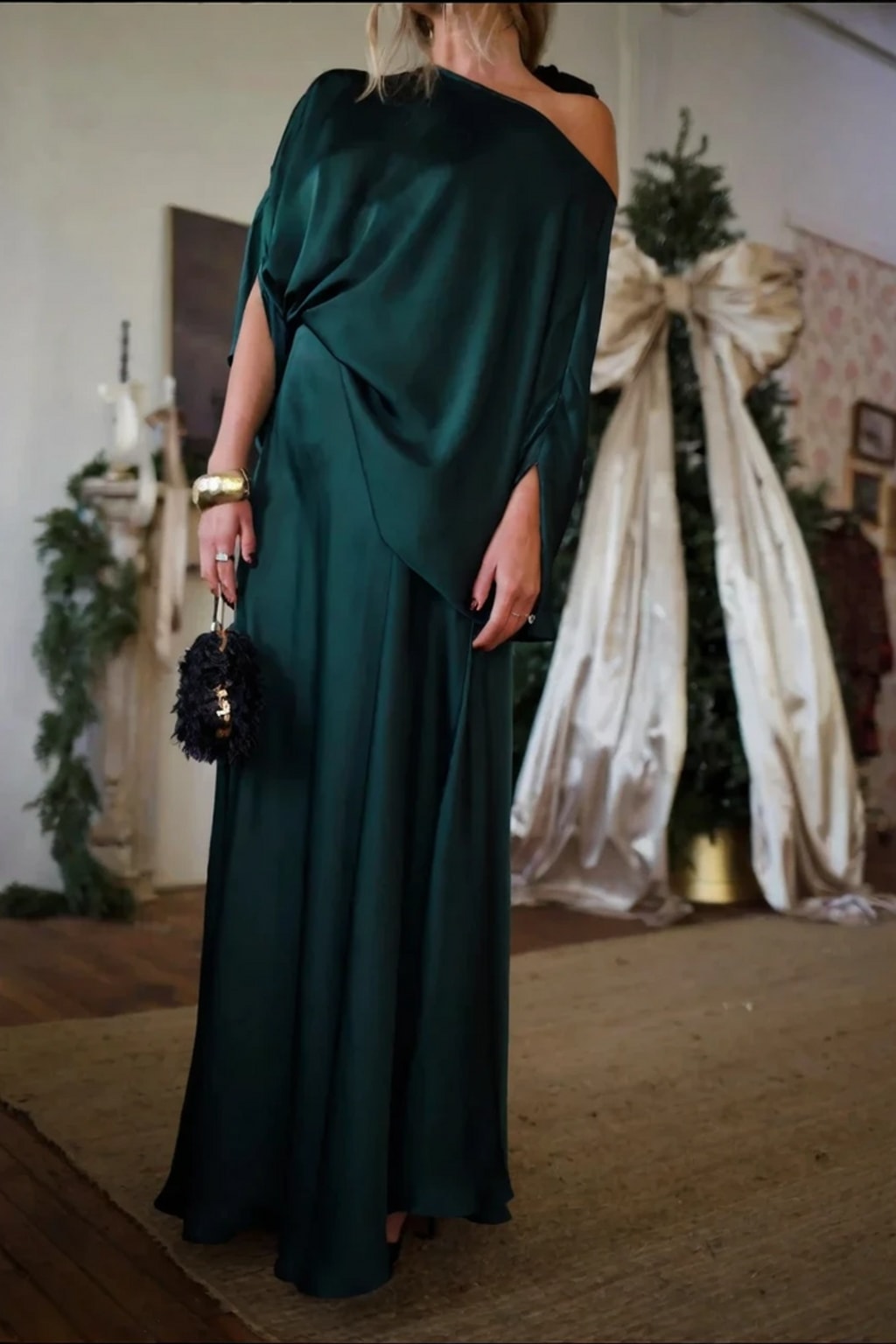 Satin Blouse and Long Skirt Set with Asymmetric Neckline - 4