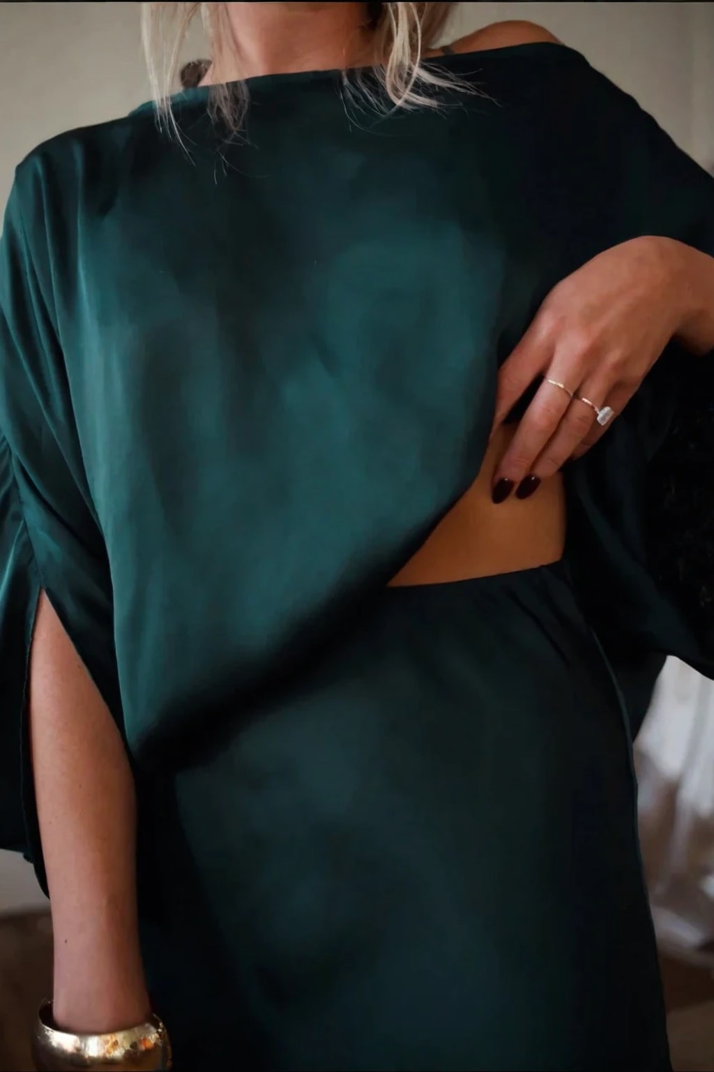 Satin Blouse and Long Skirt Set with Asymmetric Neckline - 5