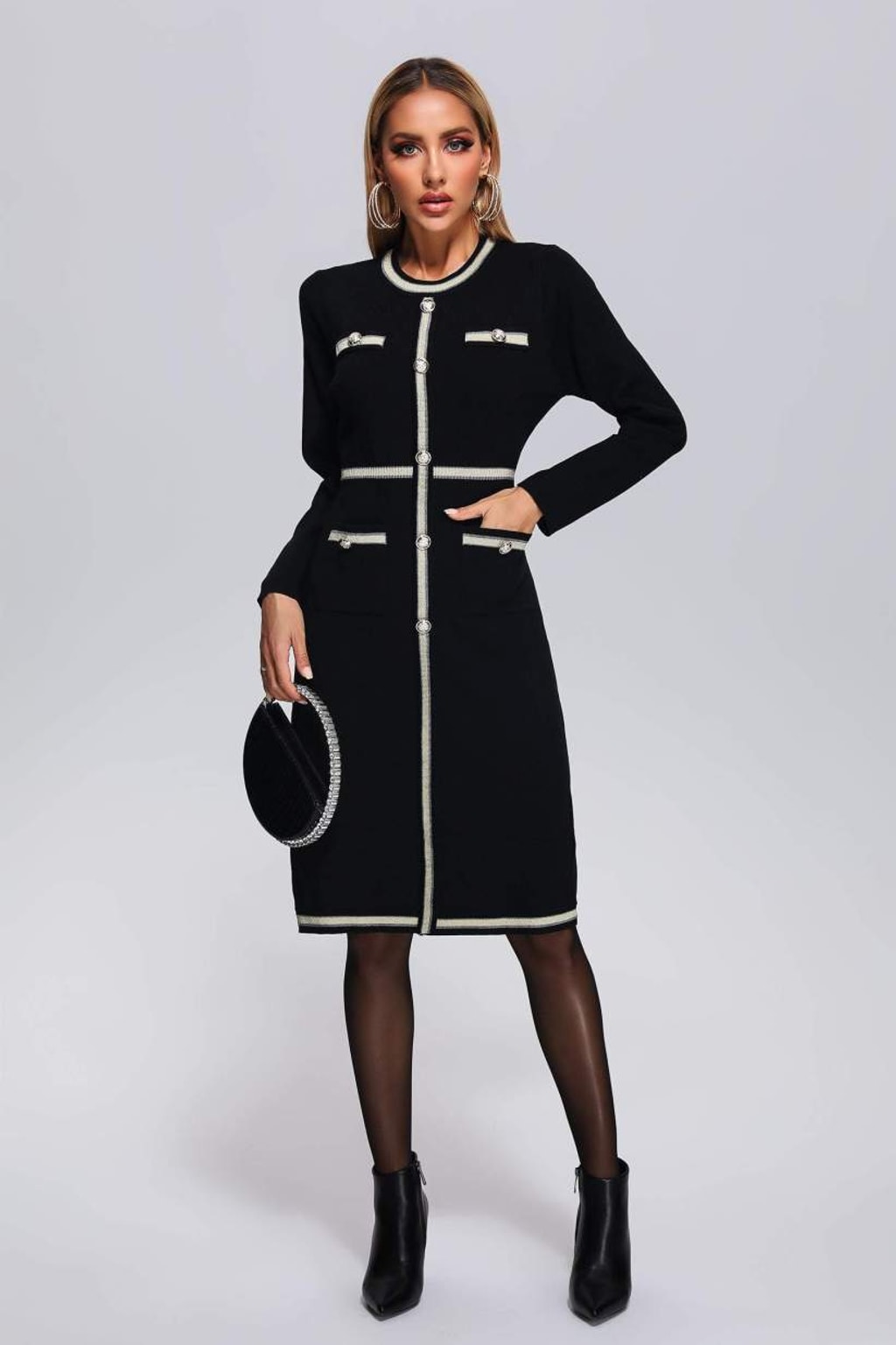 Viscose Blend Midi Dress with Structured Knit and Button Detail - 5