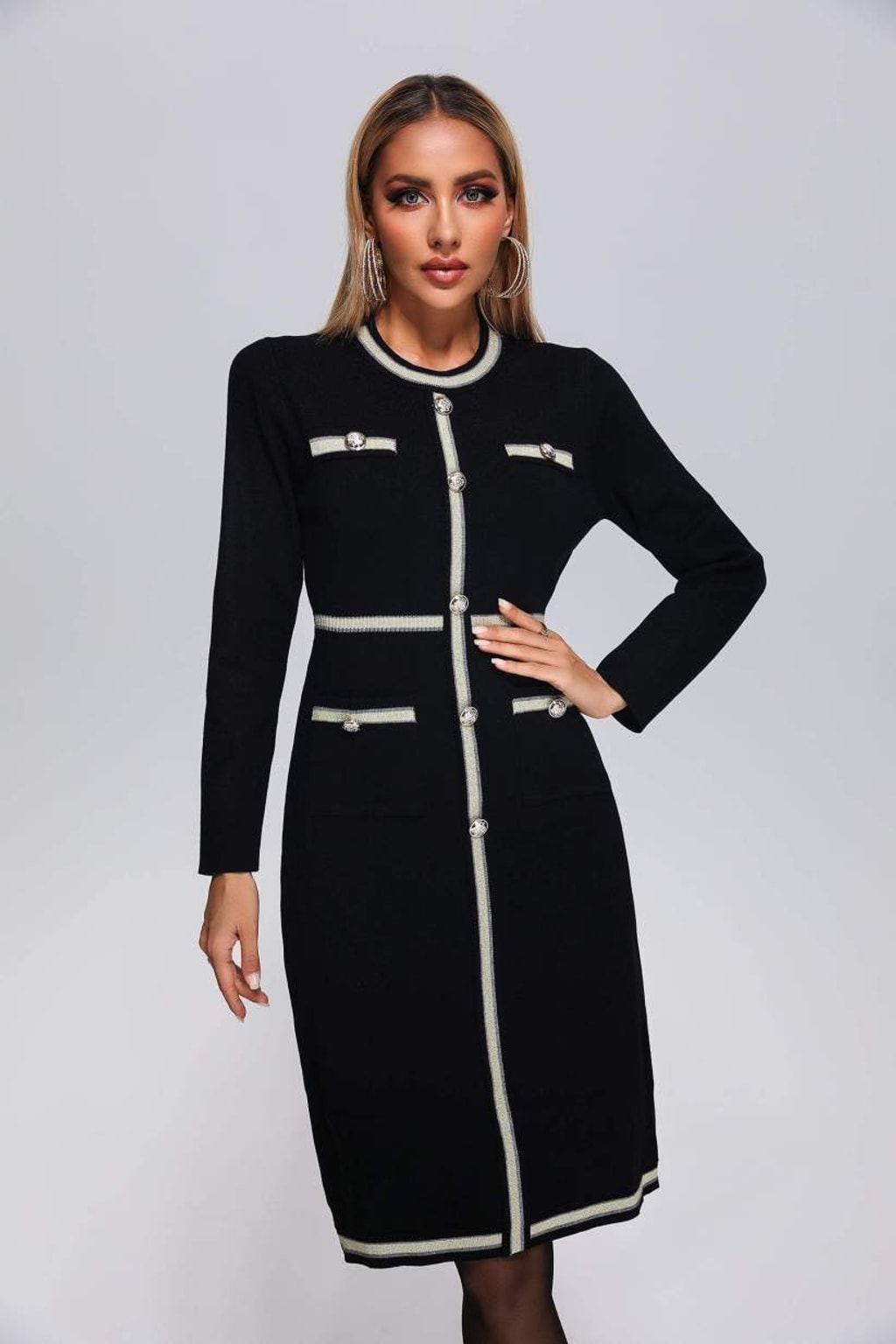 Viscose Blend Midi Dress with Structured Knit and Button Detail - 4