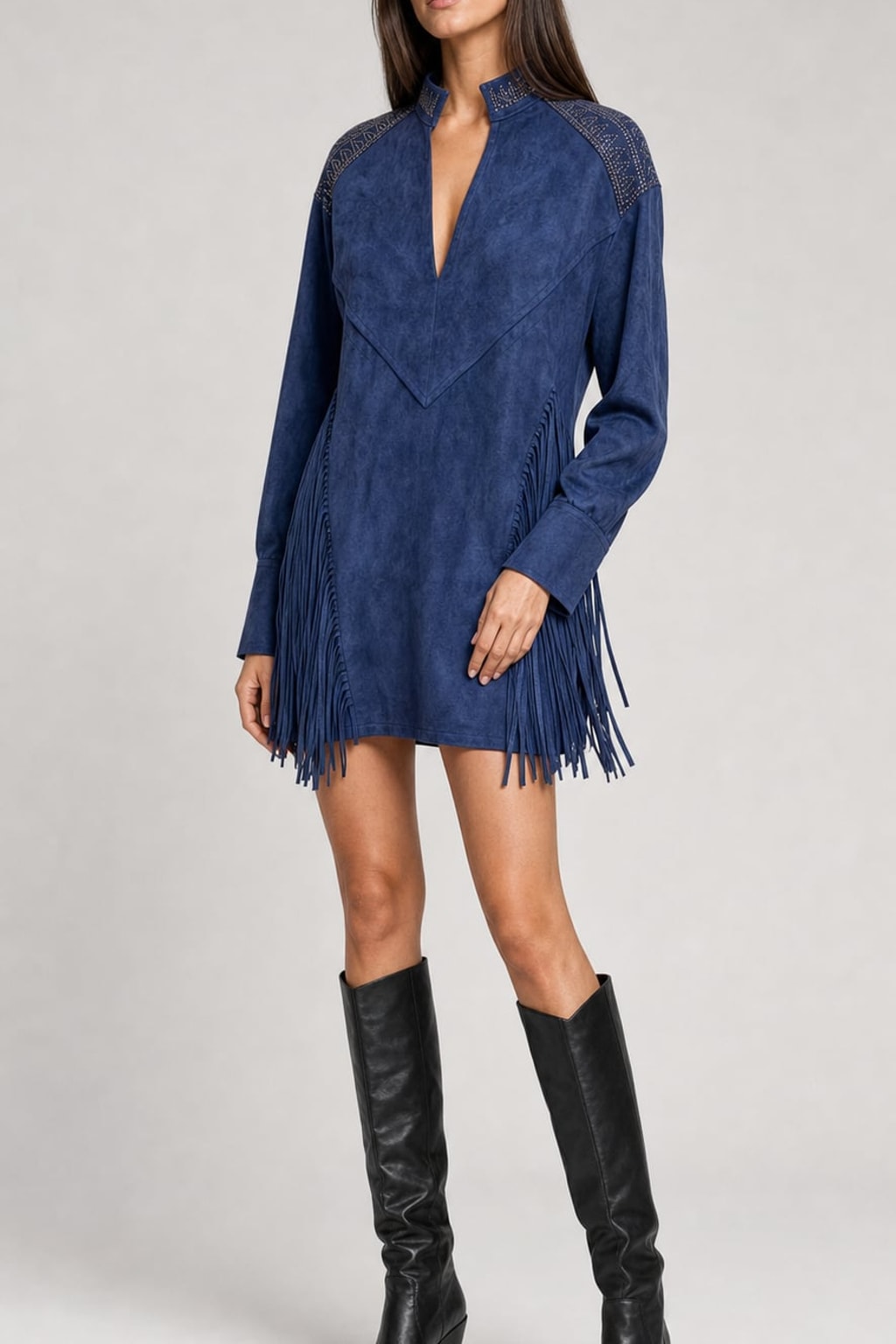 Suede Short Dress with Fringe and Puff Sleeves - 2
